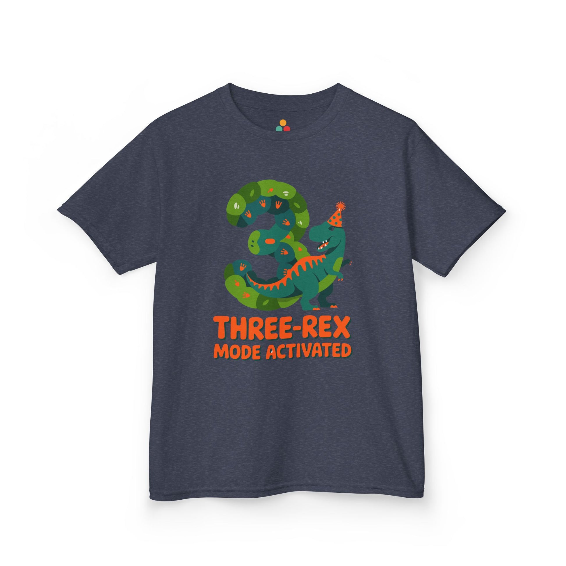 Navy blue t-shirt with a cartoon dinosaur graphic and text on a white background