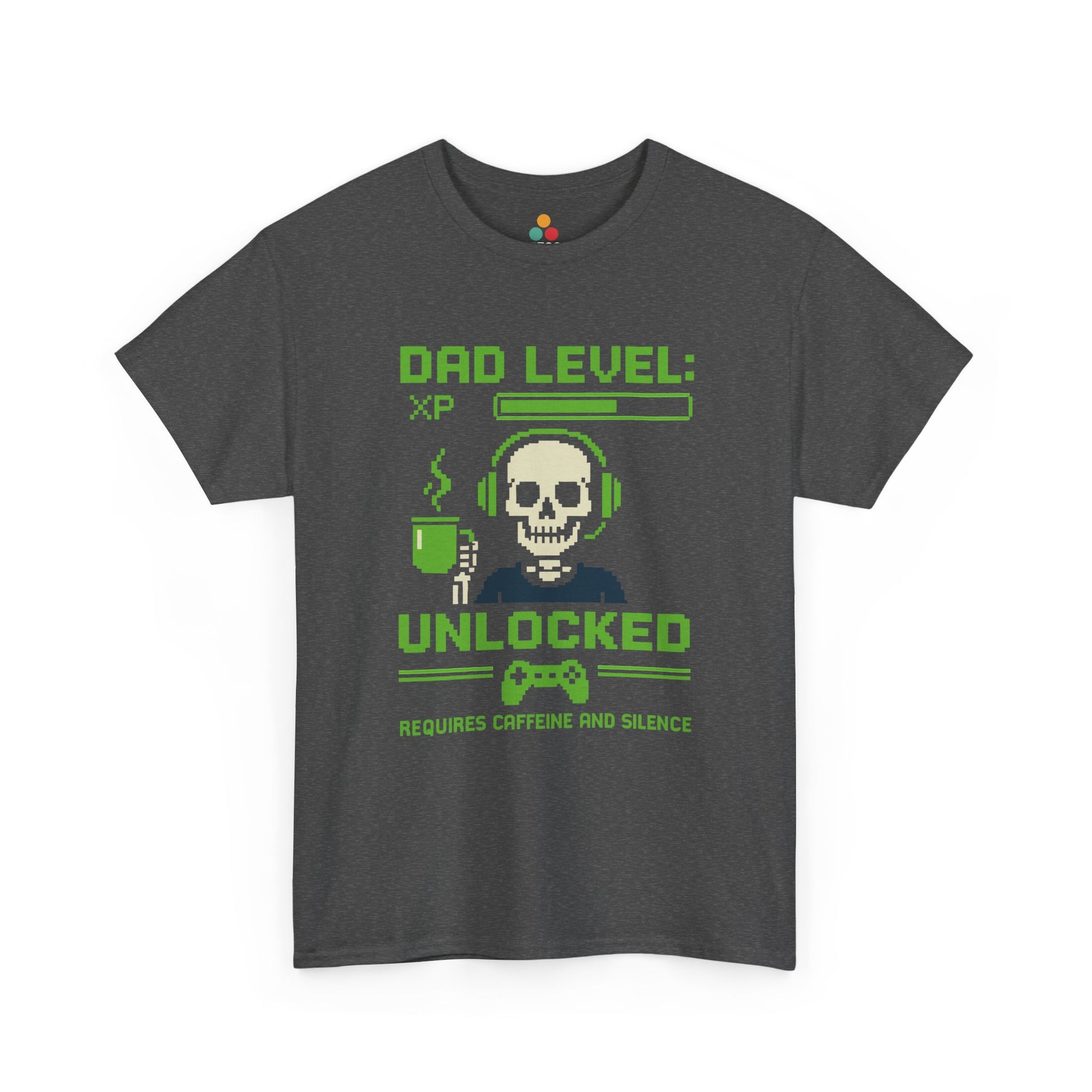 “Navy blue gamer dad shirt showing XP bar, skull with headset, and ‘Requires Caffeine and Silence’ text, flat display.”

