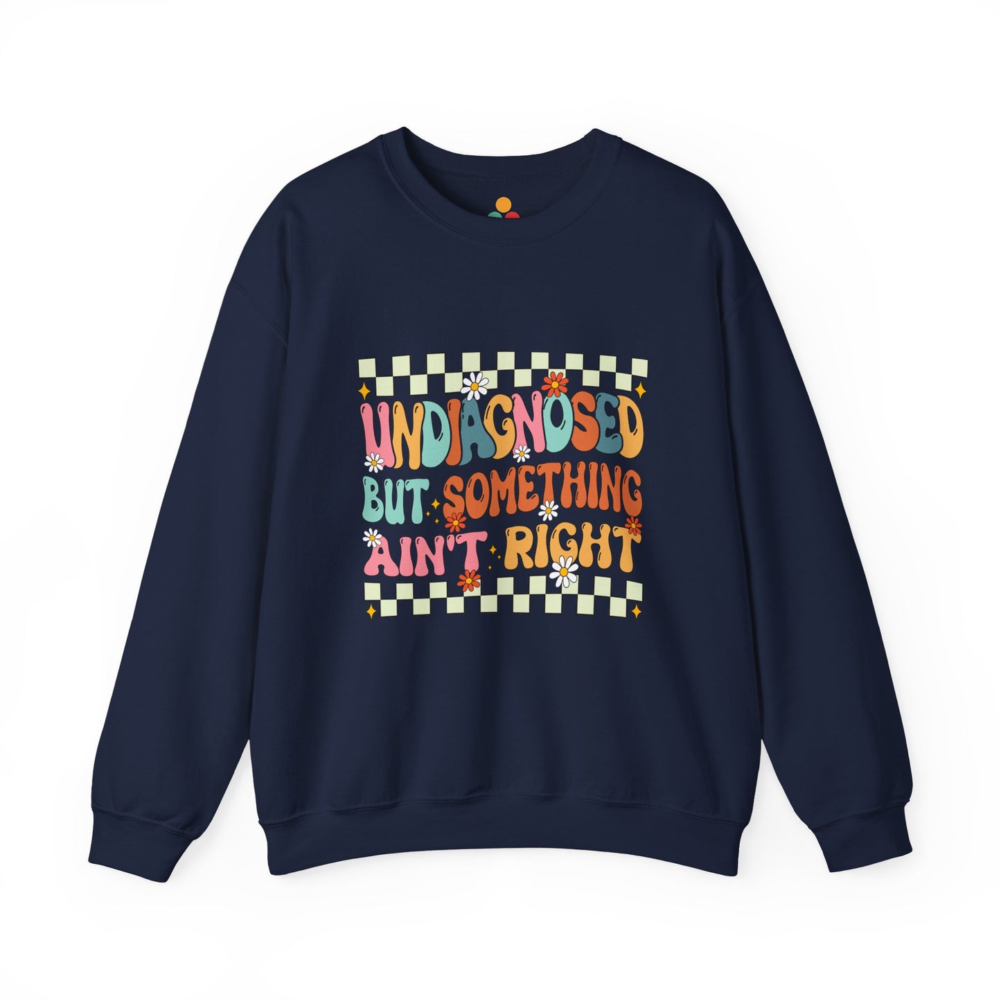 Navy blue sweatshirt with colorful text design on a white background
