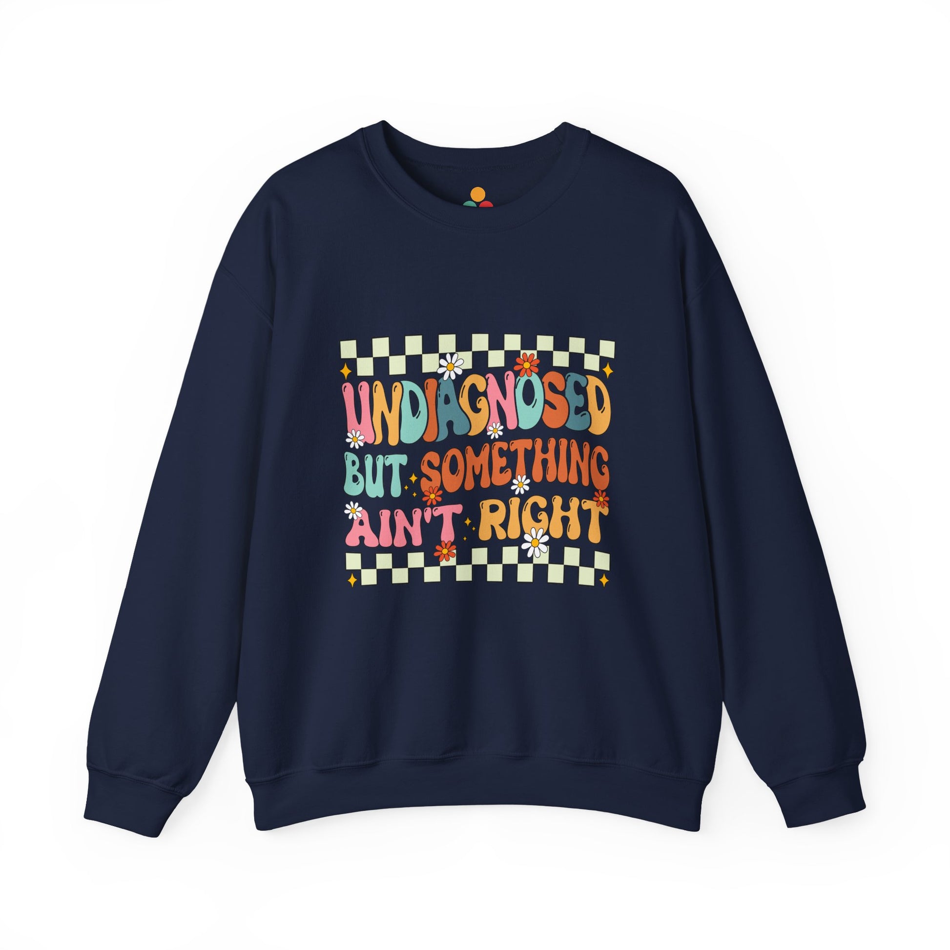 Navy blue sweatshirt with colorful text design on a white background