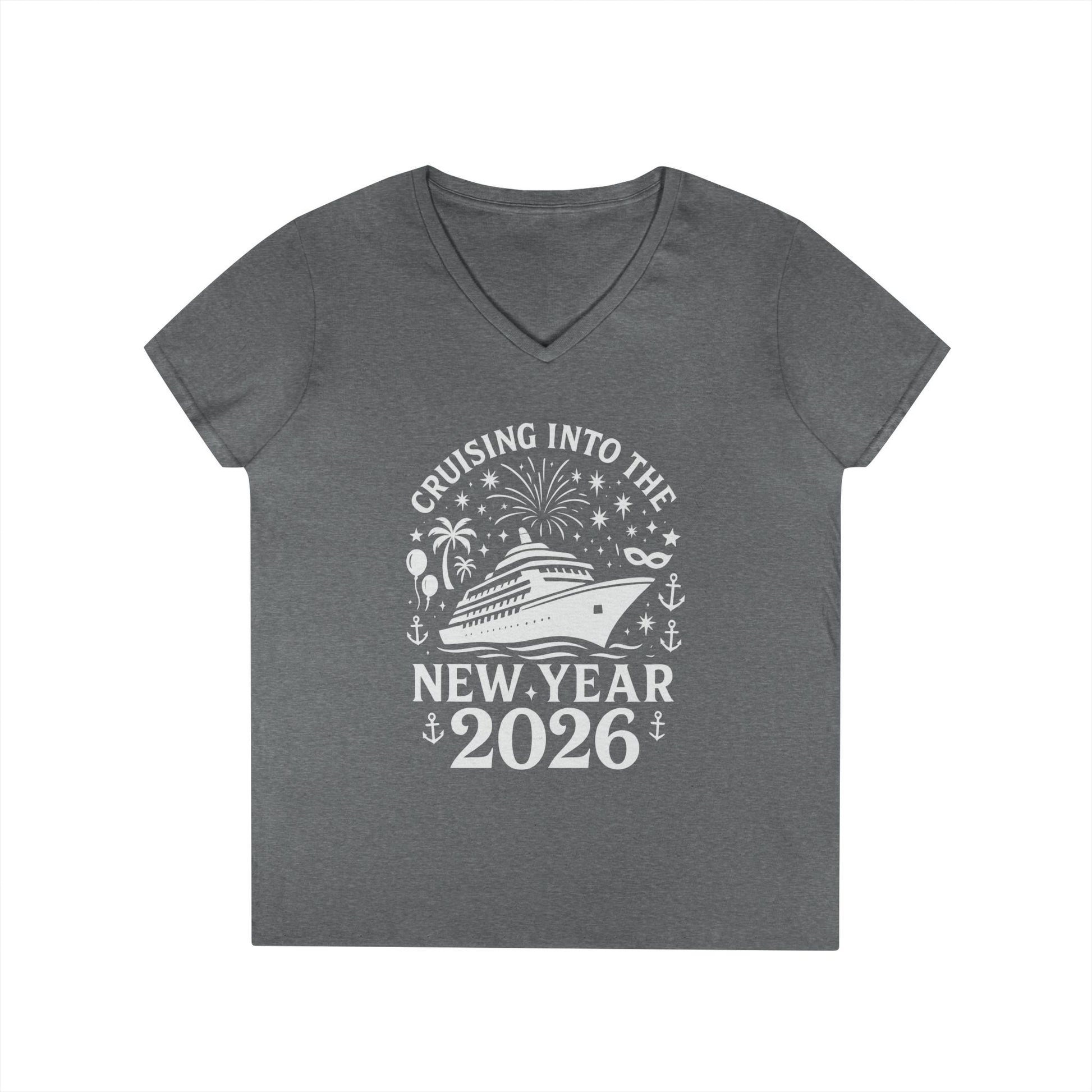 Gray t-shirt with 'Cruising into the New Year 2026' design on a white background