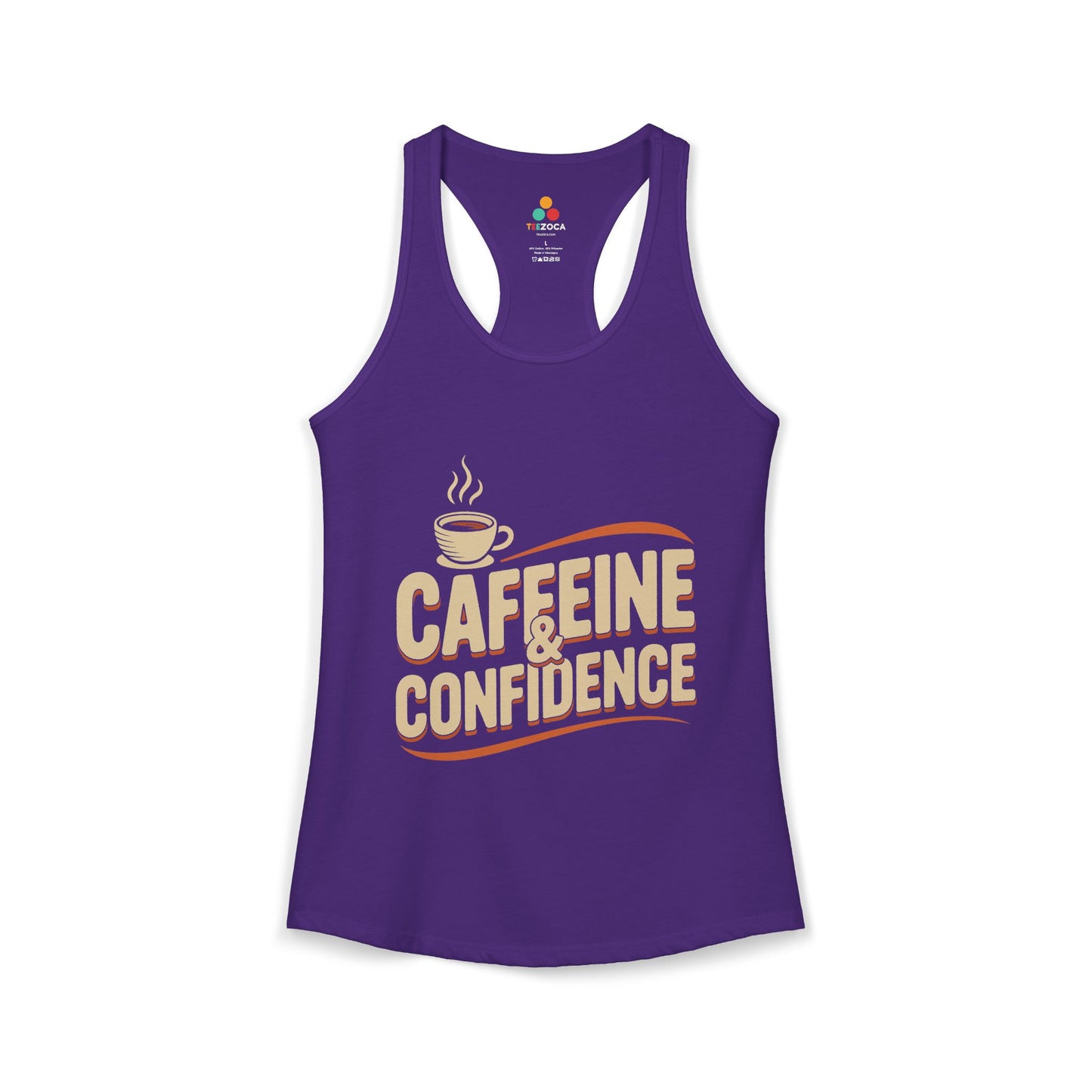 Purple tank top with 'Caffeine & Confidence' text and coffee cup graphic on a white background. TEEZOCA women’s tank top featuring bold coffee lover quote and minimalist café artwork