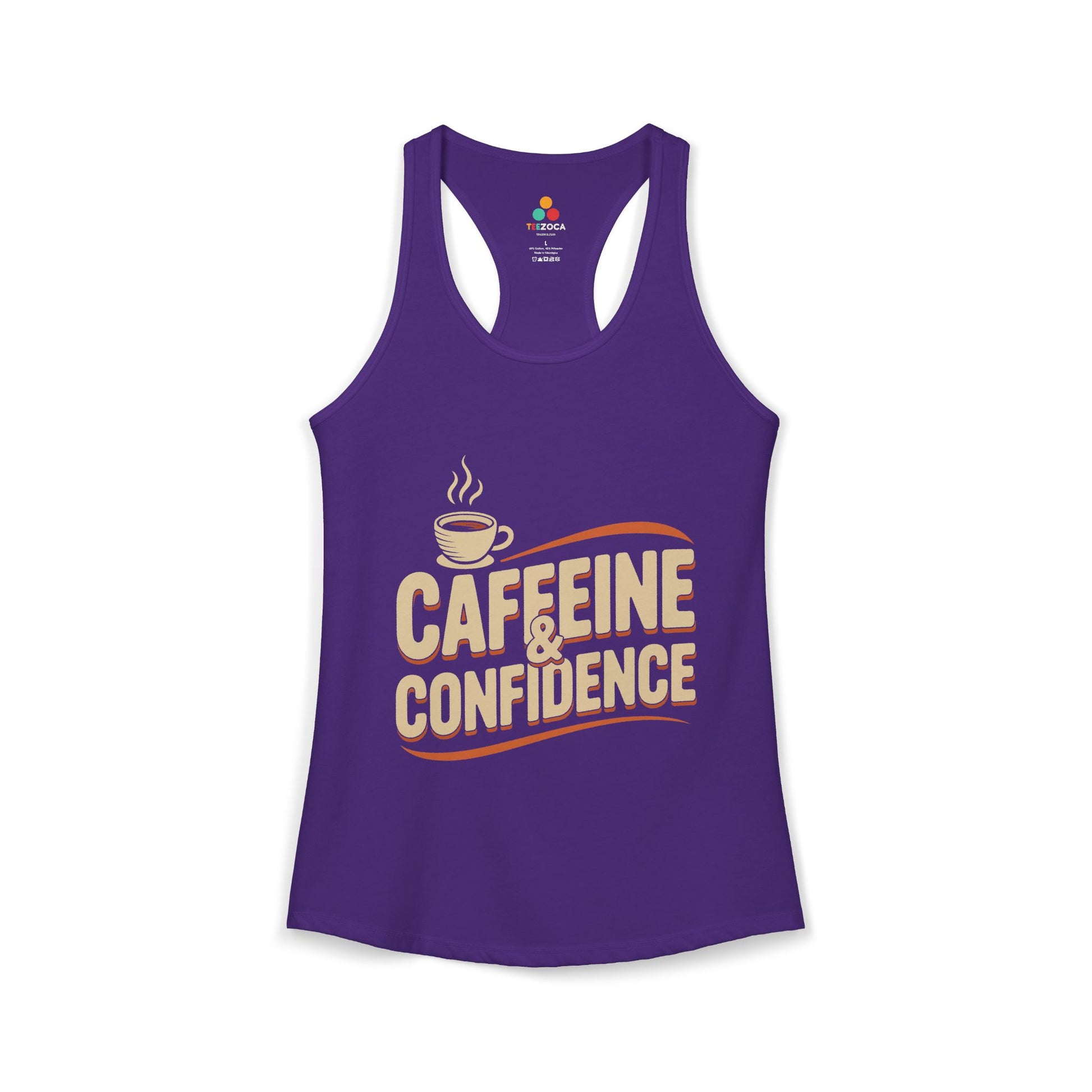 Purple tank top with 'Caffeine & Confidence' text and coffee cup graphic on a white background. TEEZOCA women’s tank top featuring bold coffee lover quote and minimalist café artwork