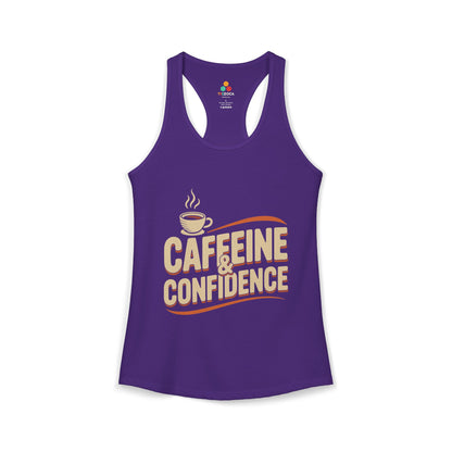 Purple tank top with 'Caffeine & Confidence' text and coffee cup graphic on a white background. TEEZOCA women’s tank top featuring bold coffee lover quote and minimalist café artwork