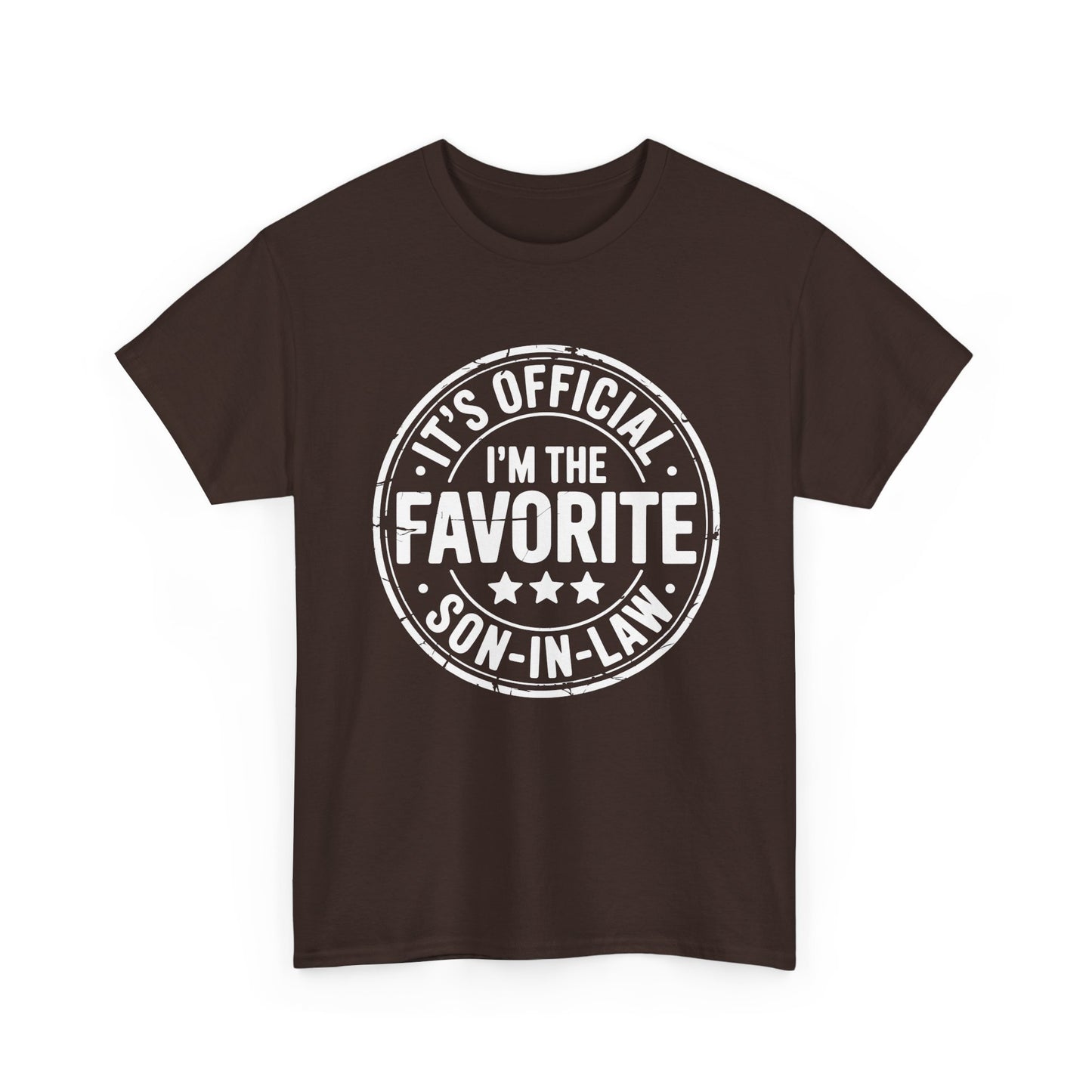TEEZOCA brown “It’s Official I’m The Favorite Son‑in‑Law” novelty t‑shirt displayed flat.