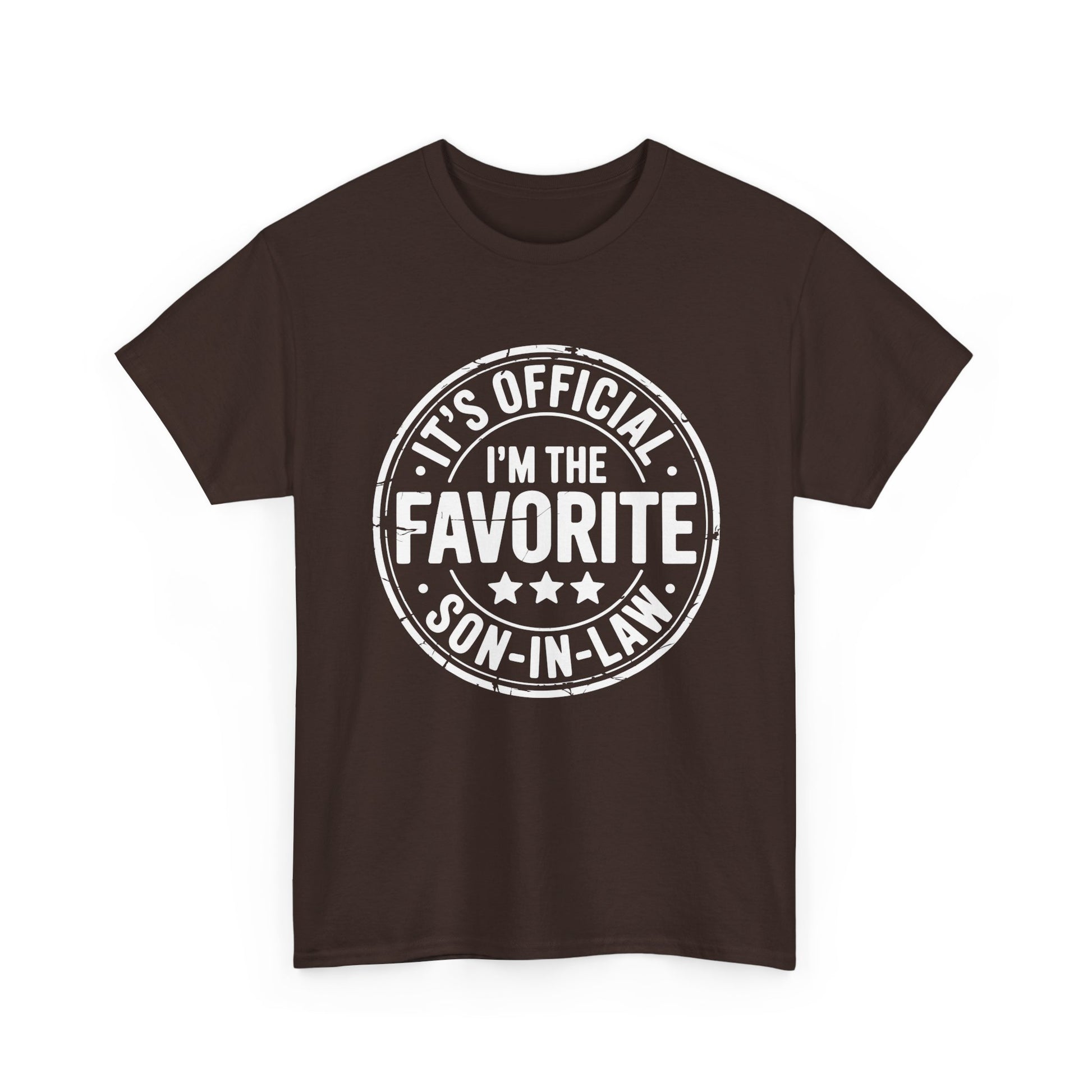 TEEZOCA brown “It’s Official I’m The Favorite Son‑in‑Law” novelty t‑shirt displayed flat.