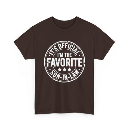TEEZOCA brown “It’s Official I’m The Favorite Son‑in‑Law” novelty t‑shirt displayed flat.
