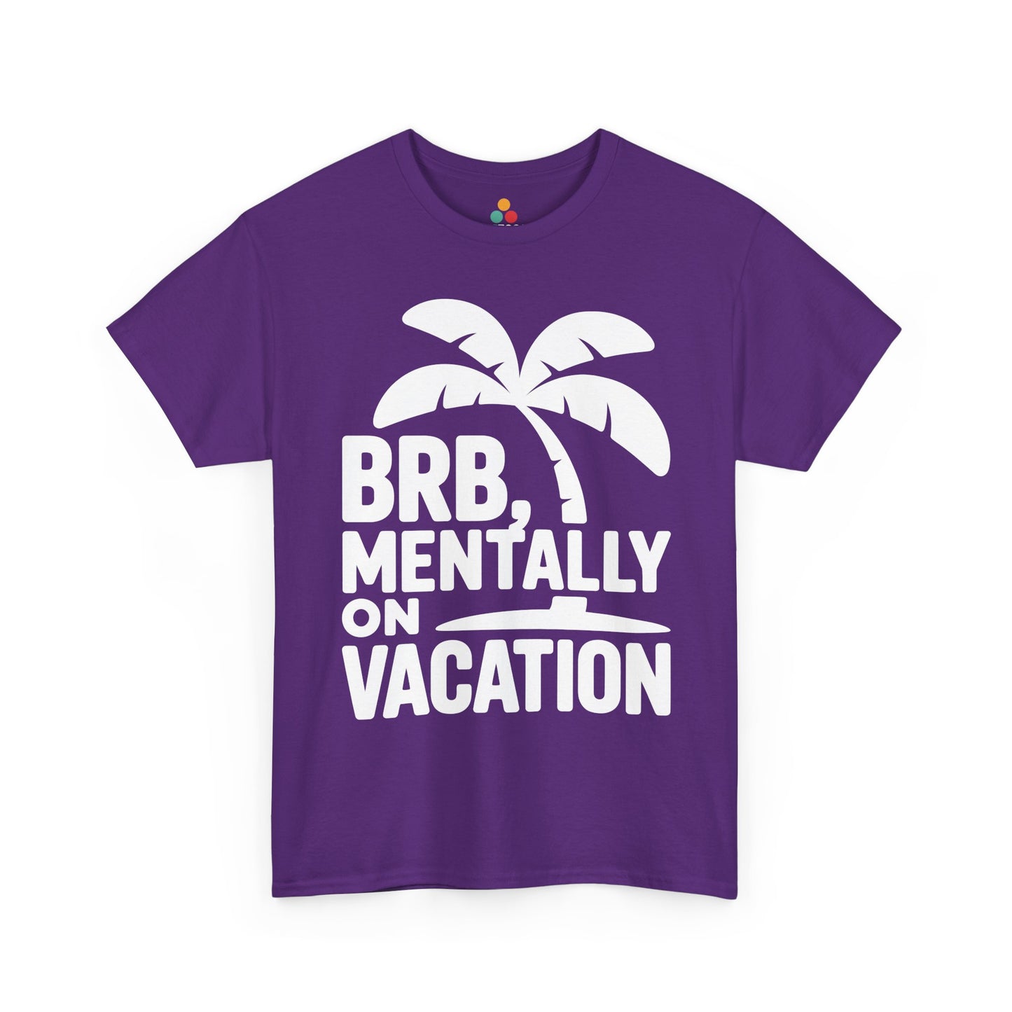 Purple t-shirt with palm tree design and text 'BRB, Mentally on Vacation' on a white background | TEEZOCA