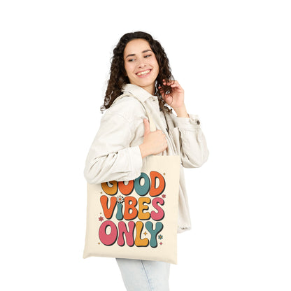 Bright playful Good Vibes Only lettering artwork on a TEEZOCA tote bag