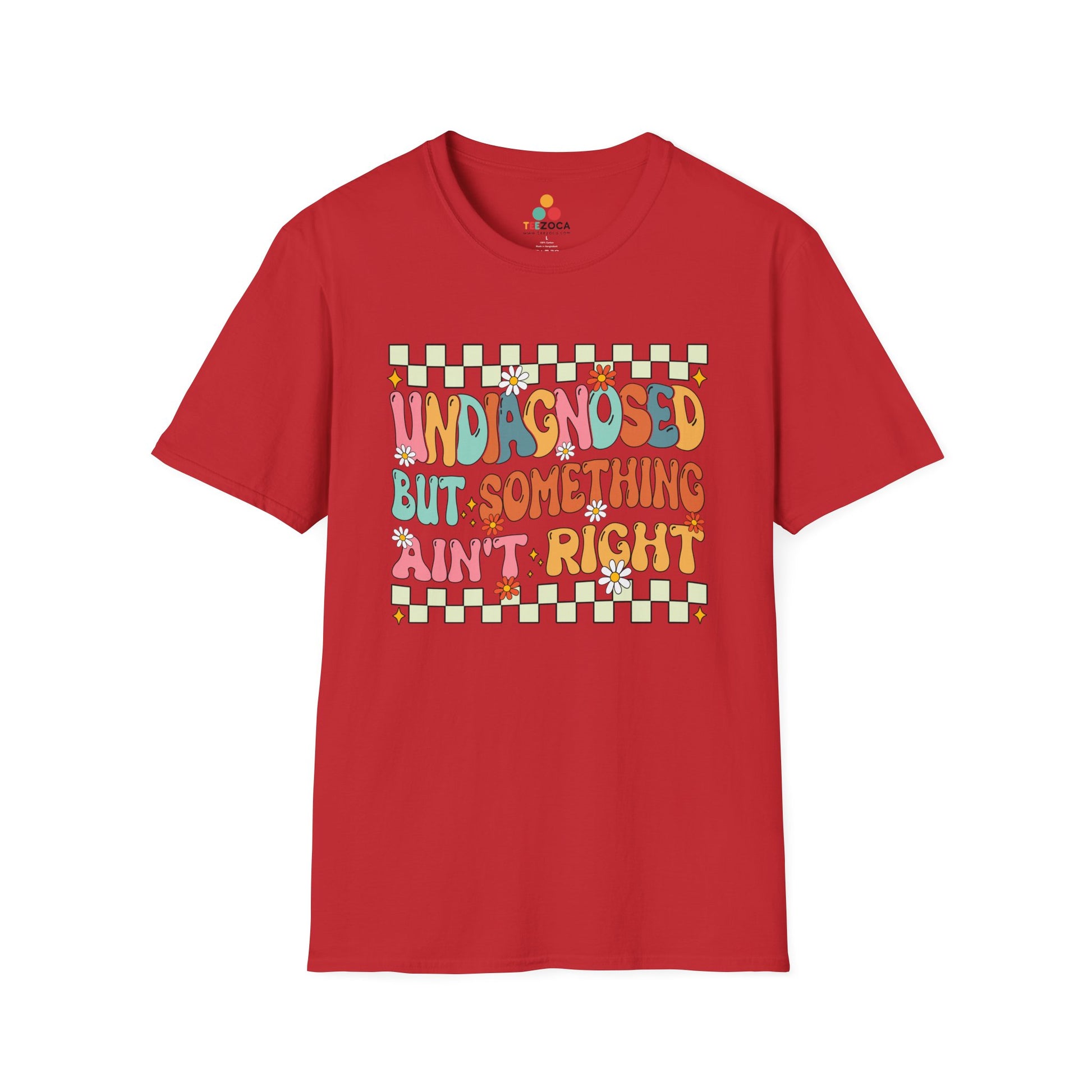 Red t-shirt with colorful text design on a white background