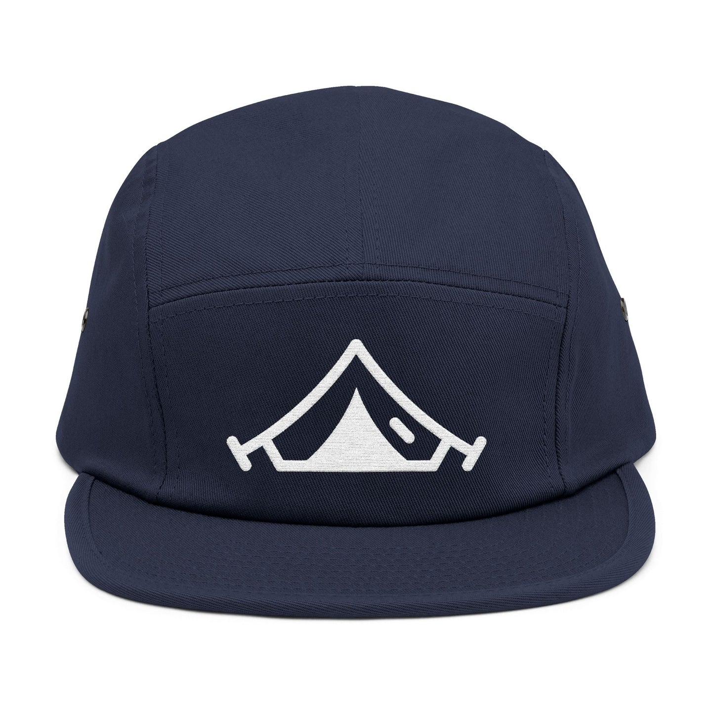 Navy blue cap with a white tent logo on a white background. Minimal embroidered camping tent icon in bold line style. TEEZOCA