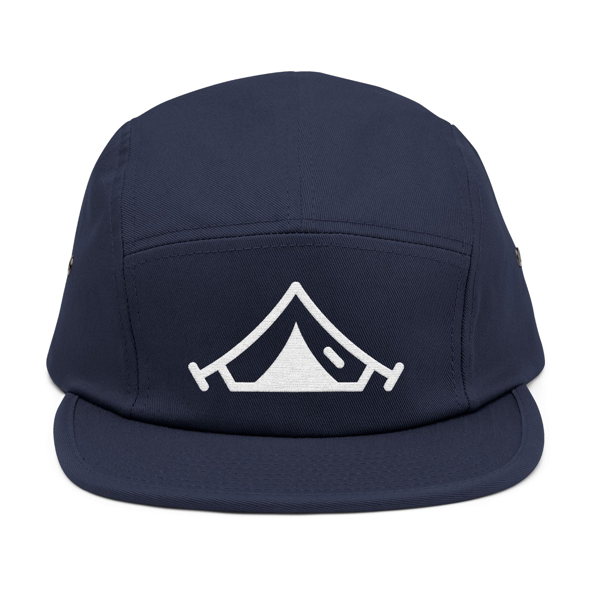 Navy blue cap with a white tent logo on a white background. Minimal embroidered camping tent icon in bold line style. TEEZOCA