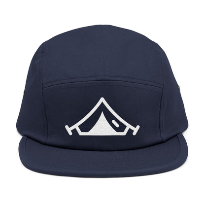 Navy blue cap with a white tent logo on a white background. Minimal embroidered camping tent icon in bold line style. TEEZOCA