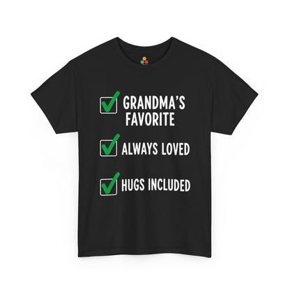TEEZOCA black “Grandma’s Favorite Always Loved Hugs Included” checklist t‑shirt shown flat.