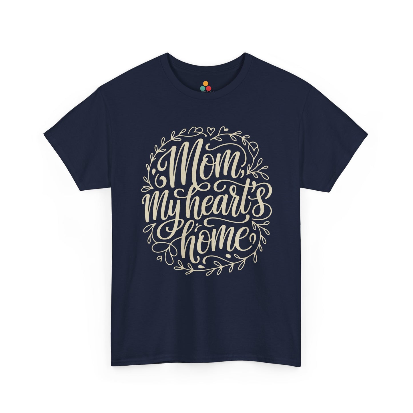 TEEZOCA navy "Mom My Heart's Home" decorative mothers love tee displayed flat.