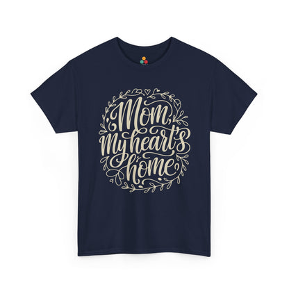TEEZOCA navy "Mom My Heart's Home" decorative mothers love tee displayed flat.