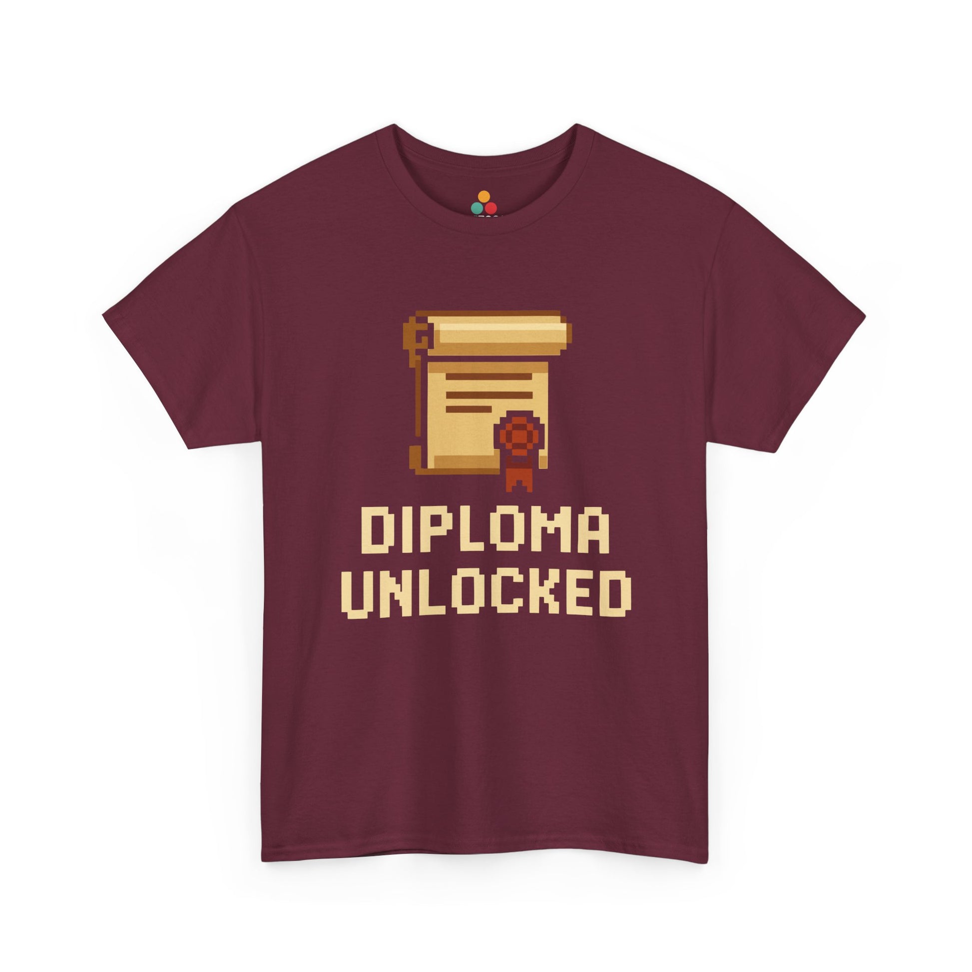 Maroon t-shirt with pixel art design of a diploma and text 'Diploma Unlocked' on a white background