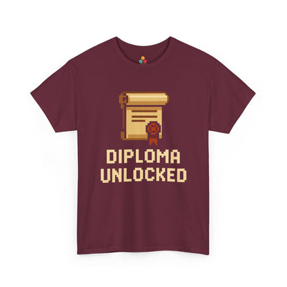 Maroon t-shirt with pixel art design of a diploma and text 'Diploma Unlocked' on a white background