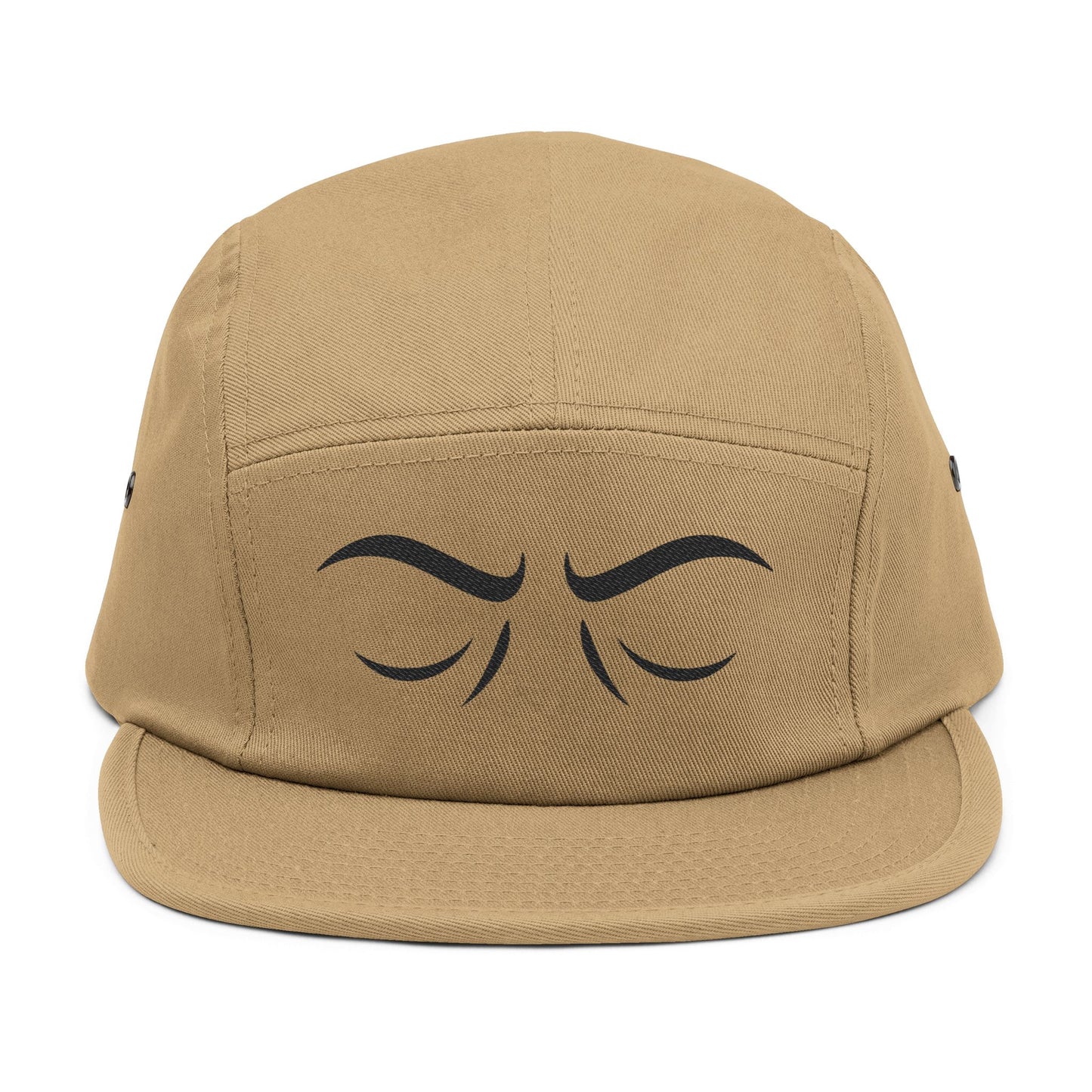 Tan cap with black eye design on a white background. Minimal unimpressed eyes embroidery line art design. TEEZOCA