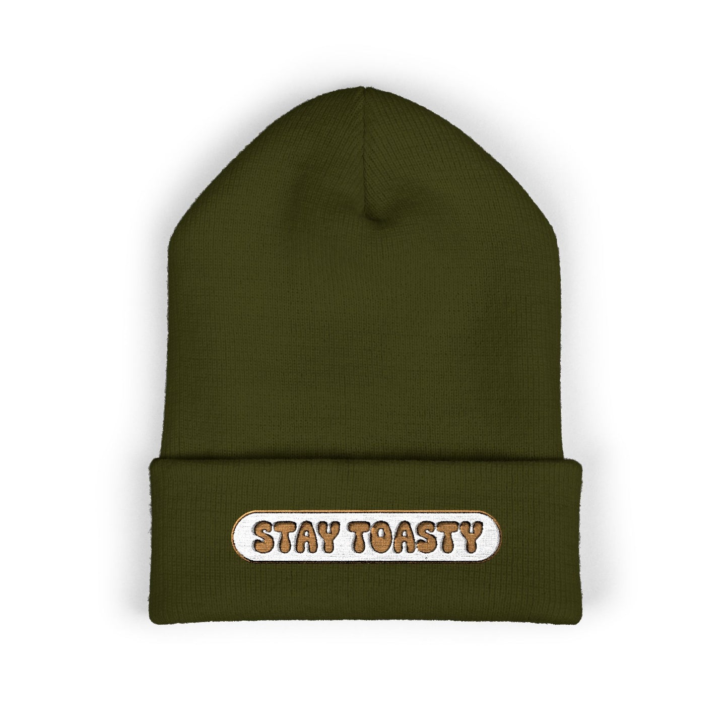 Green beanie with 'Stay Toasty' text on a white background