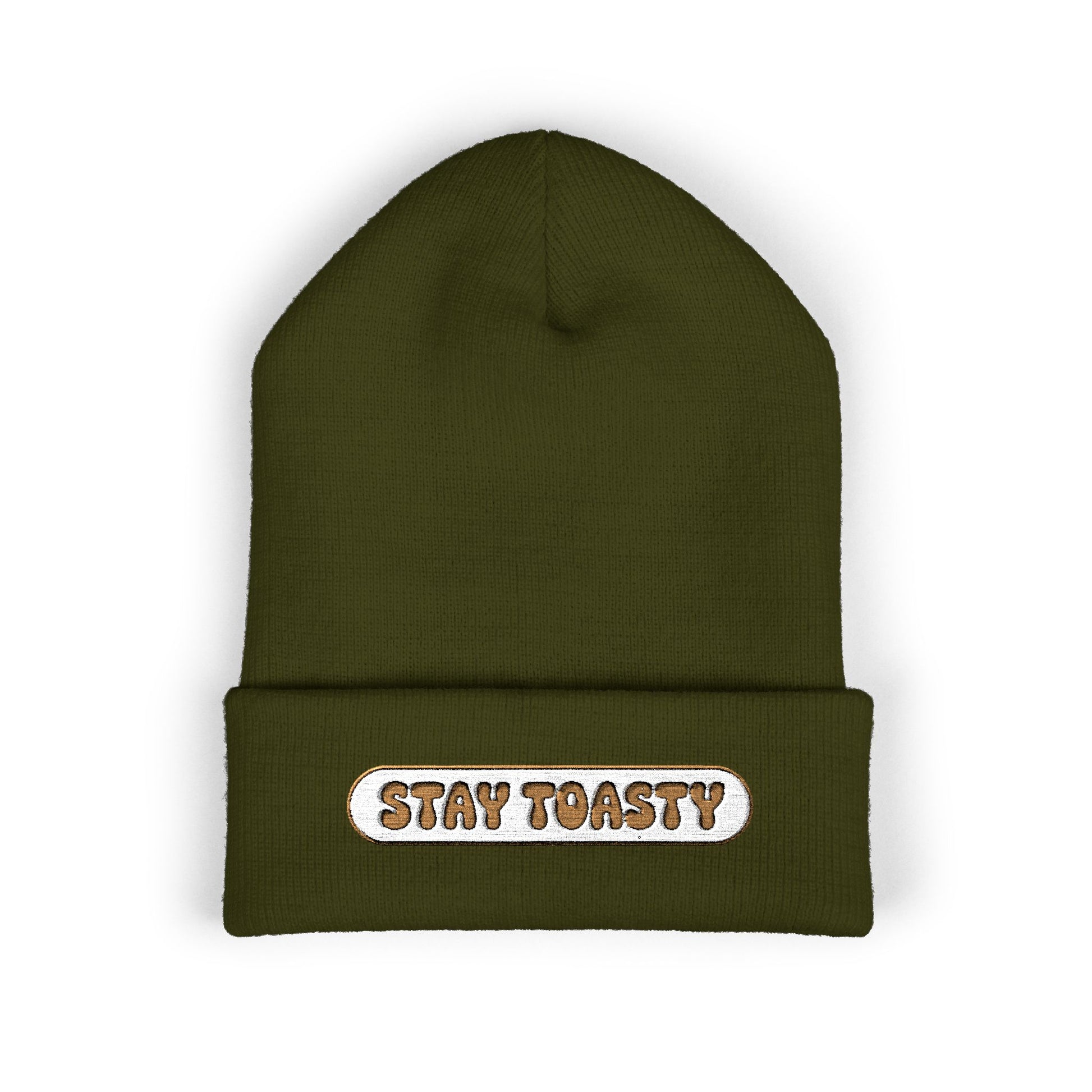 Green beanie with 'Stay Toasty' text on a white background