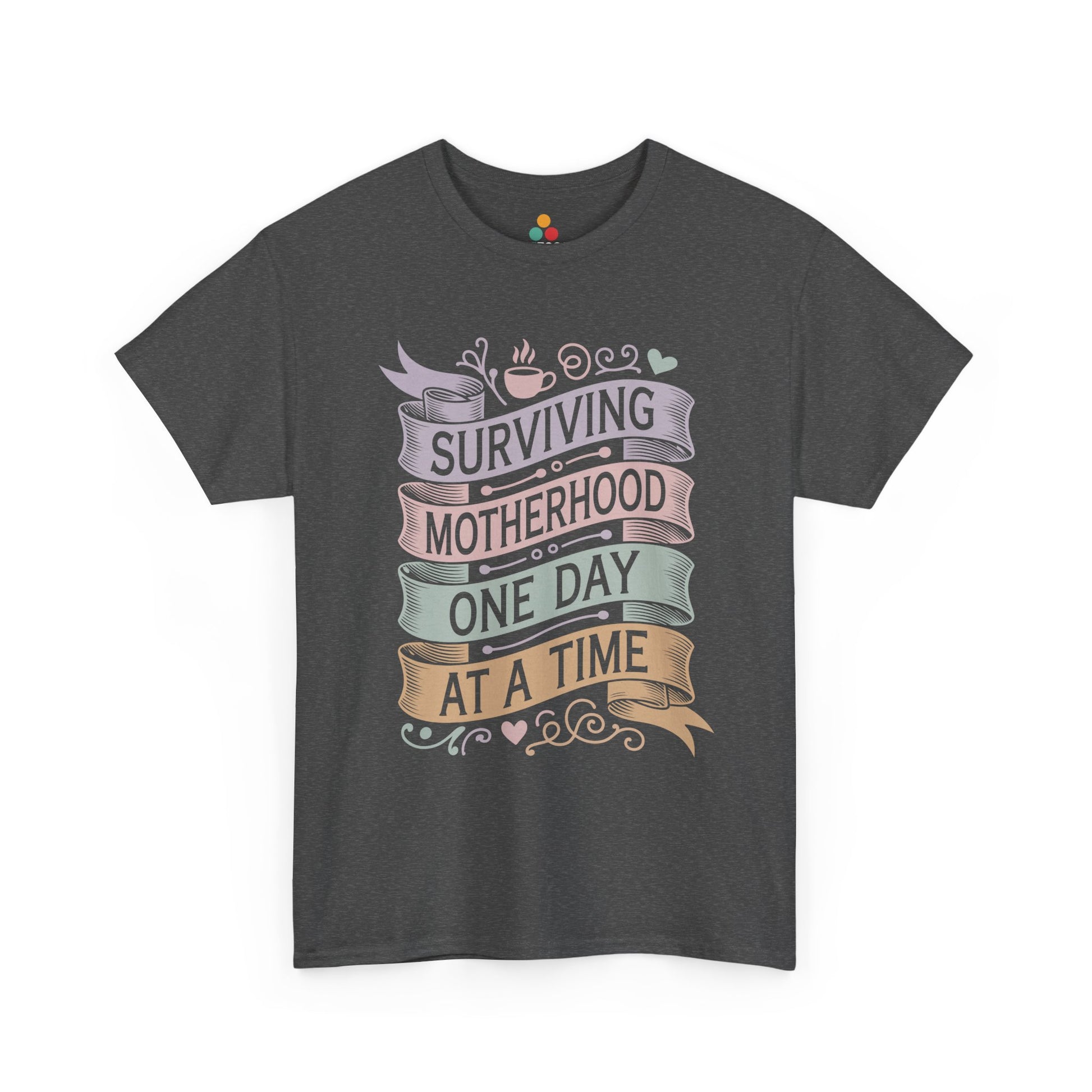 TEEZOCA dark gray "Surviving Motherhood One Day At A Time" mom humor t‑shirt shown flat.