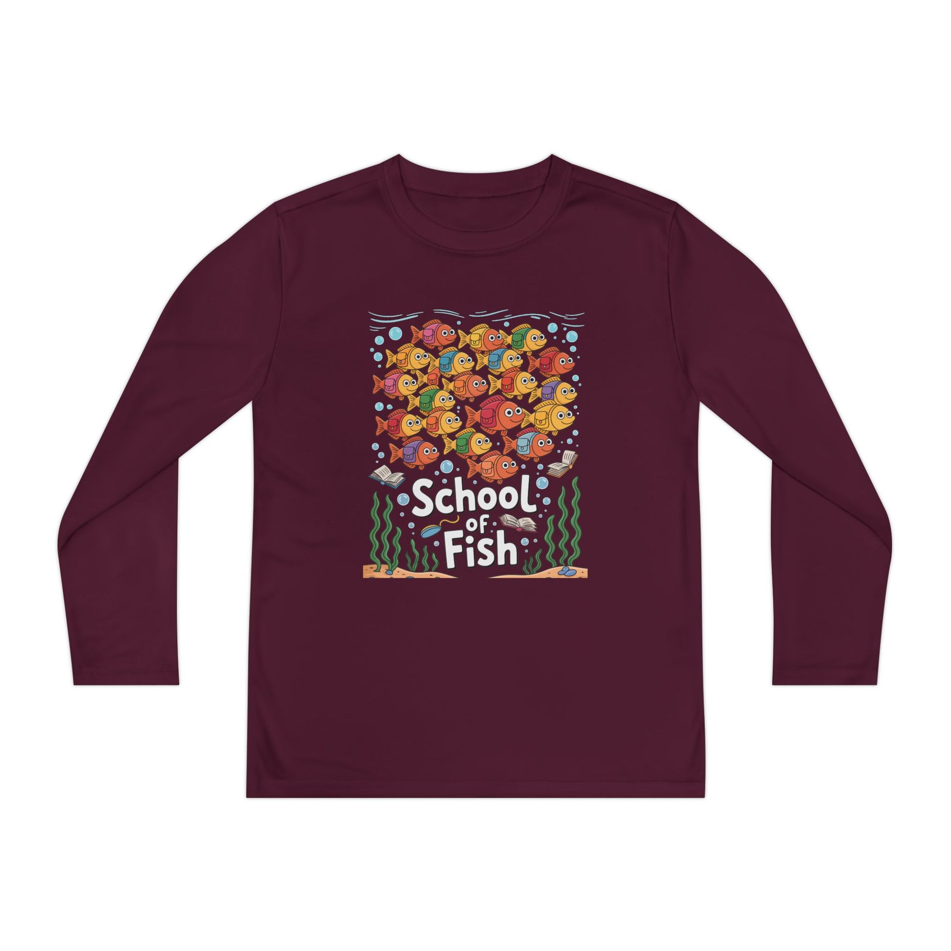 Youth Long Sleeve Tee – "School of Fish" Colorful Kids Graphic Shirt TEEZOCA