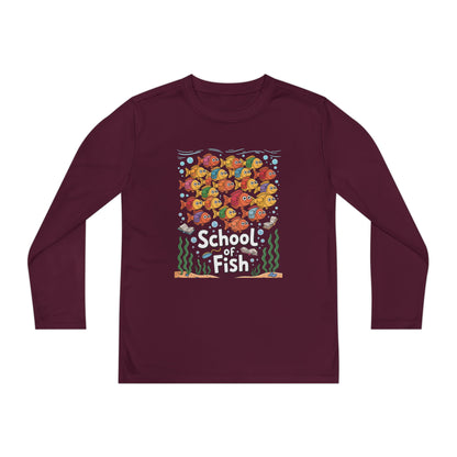 Youth Long Sleeve Tee – "School of Fish" Colorful Kids Graphic Shirt TEEZOCA