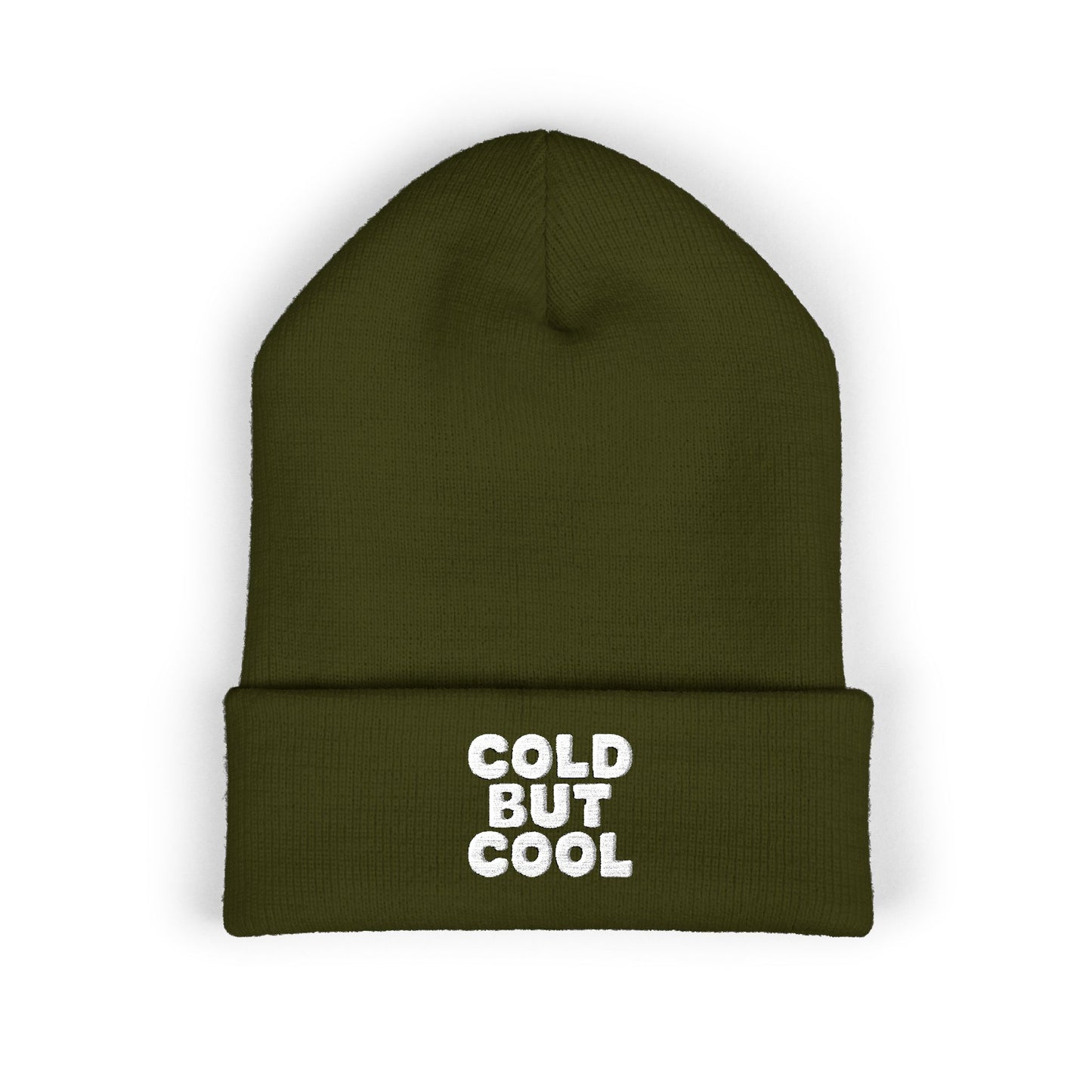 Green beanie with 'Cold But Cool' text on a white background