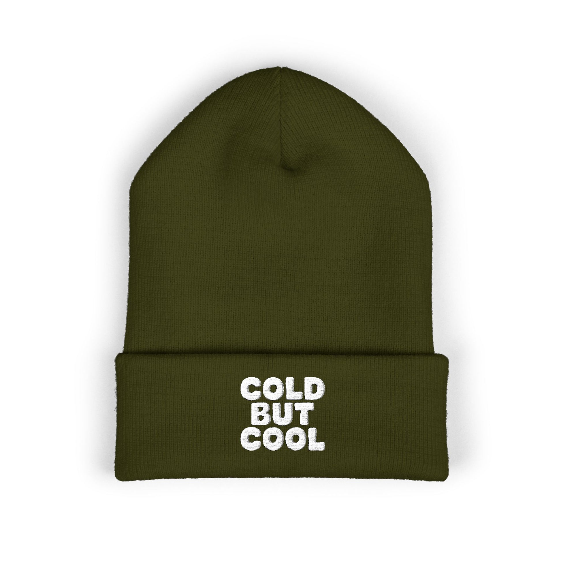 Green beanie with 'Cold But Cool' text on a white background