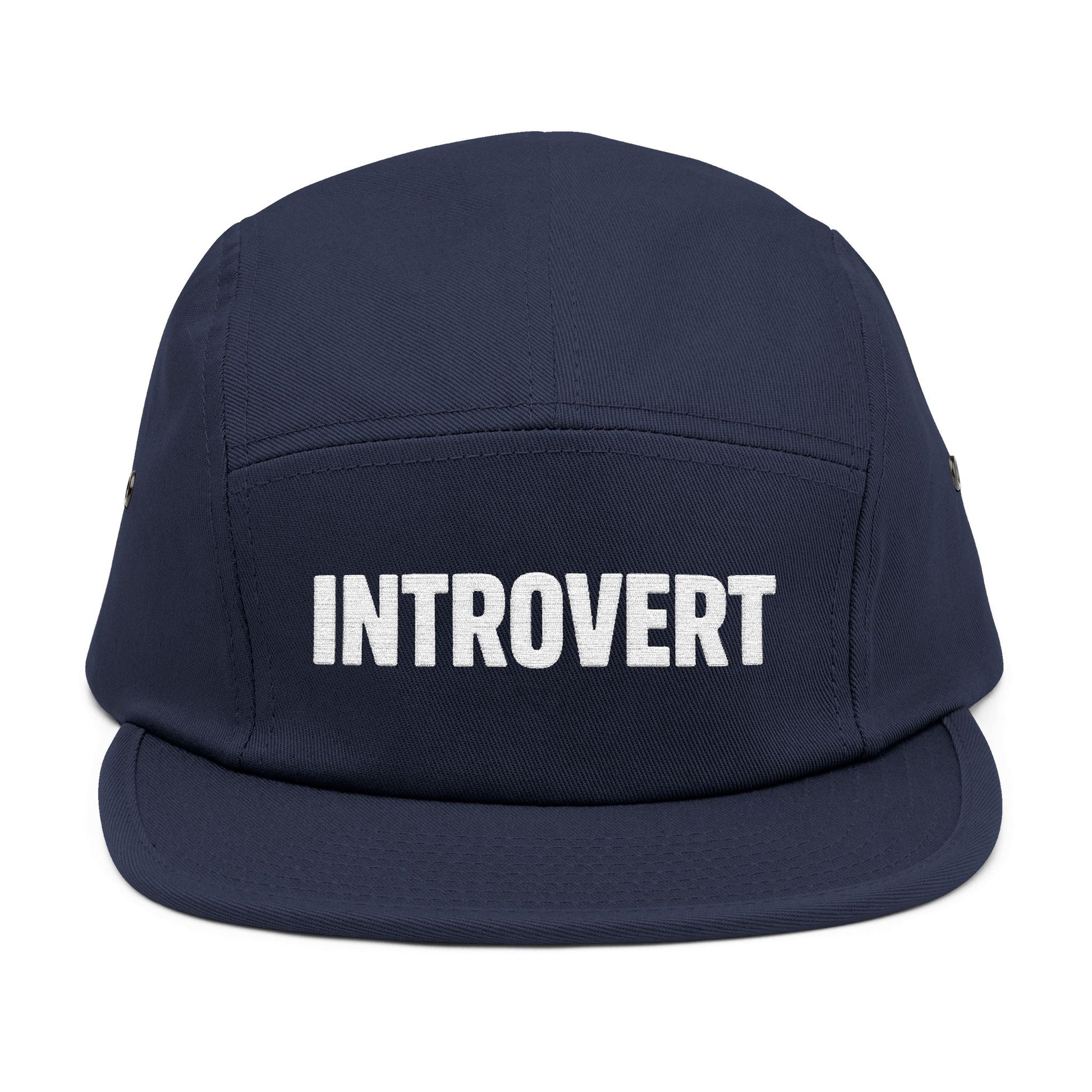 Navy blue cap with 'INTROVERT' text on a white background. Modern simple “INTROVERT” text design intended for embroidery. TEEZOCA