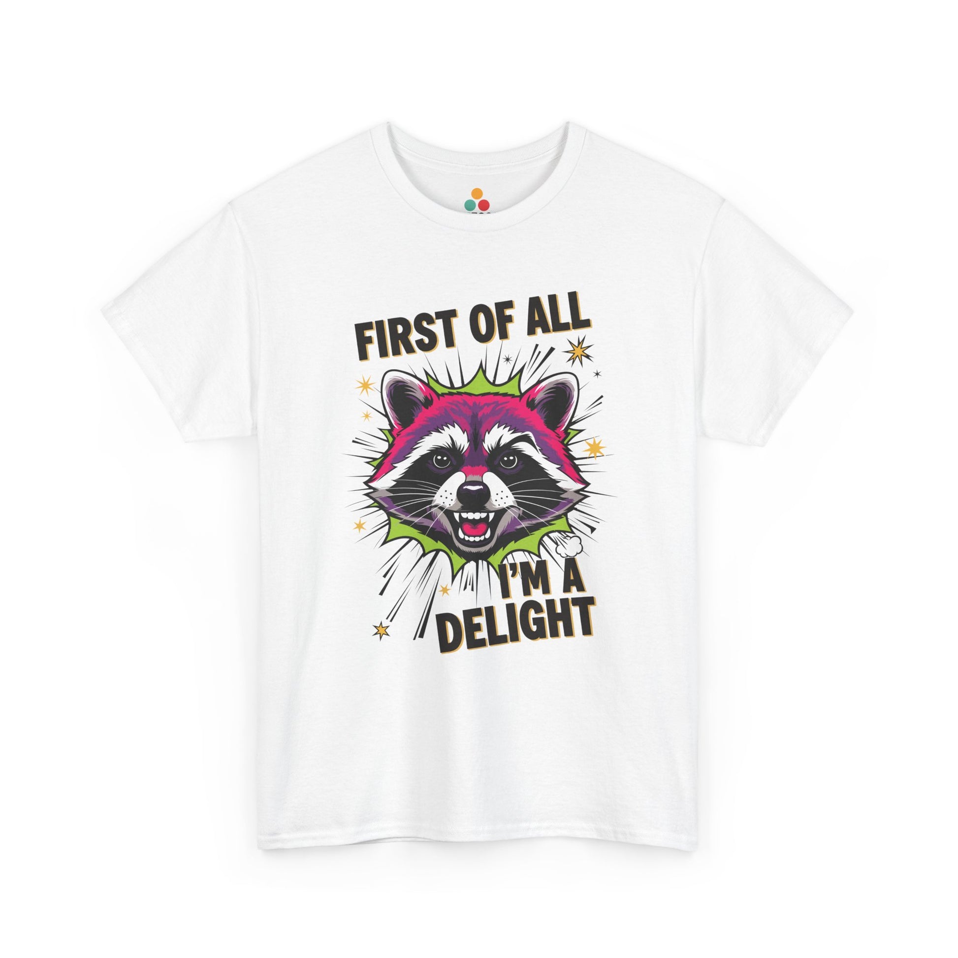 TEEZOCA white “First Of All I’m A Delight” raccoon graphic t‑shirt shown flat.