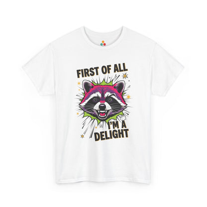 TEEZOCA white “First Of All I’m A Delight” raccoon graphic t‑shirt shown flat.