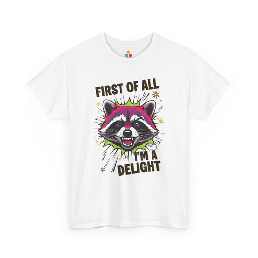 TEEZOCA white “First Of All I’m A Delight” raccoon graphic t‑shirt shown flat.