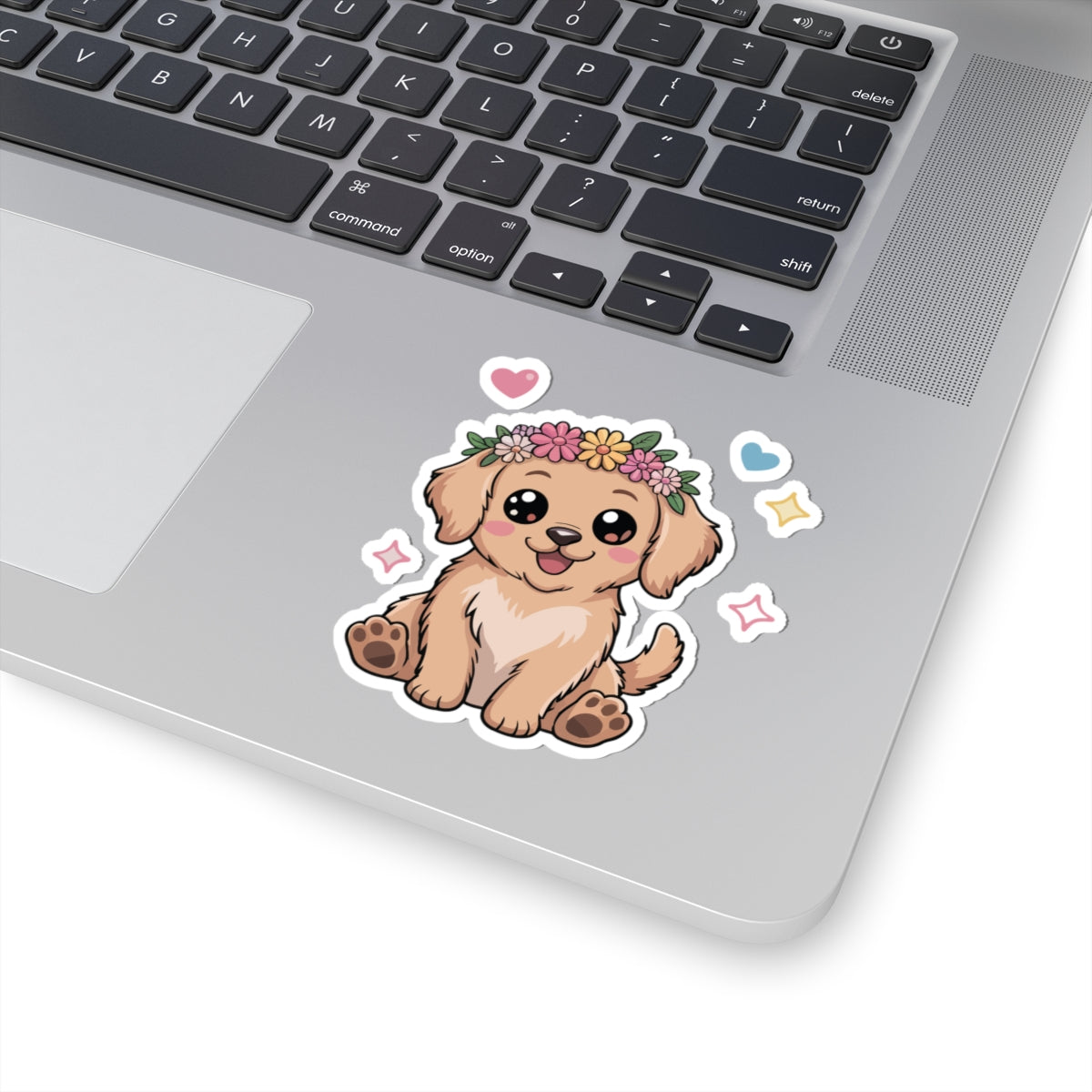 TEEZOCA adorable puppy sticker featuring kawaii dog wearing floral crown