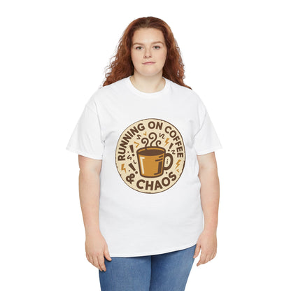 Women wearing a white TEEZOCA “Running On Coffee & Chaos” coffee lover t‑shirt.