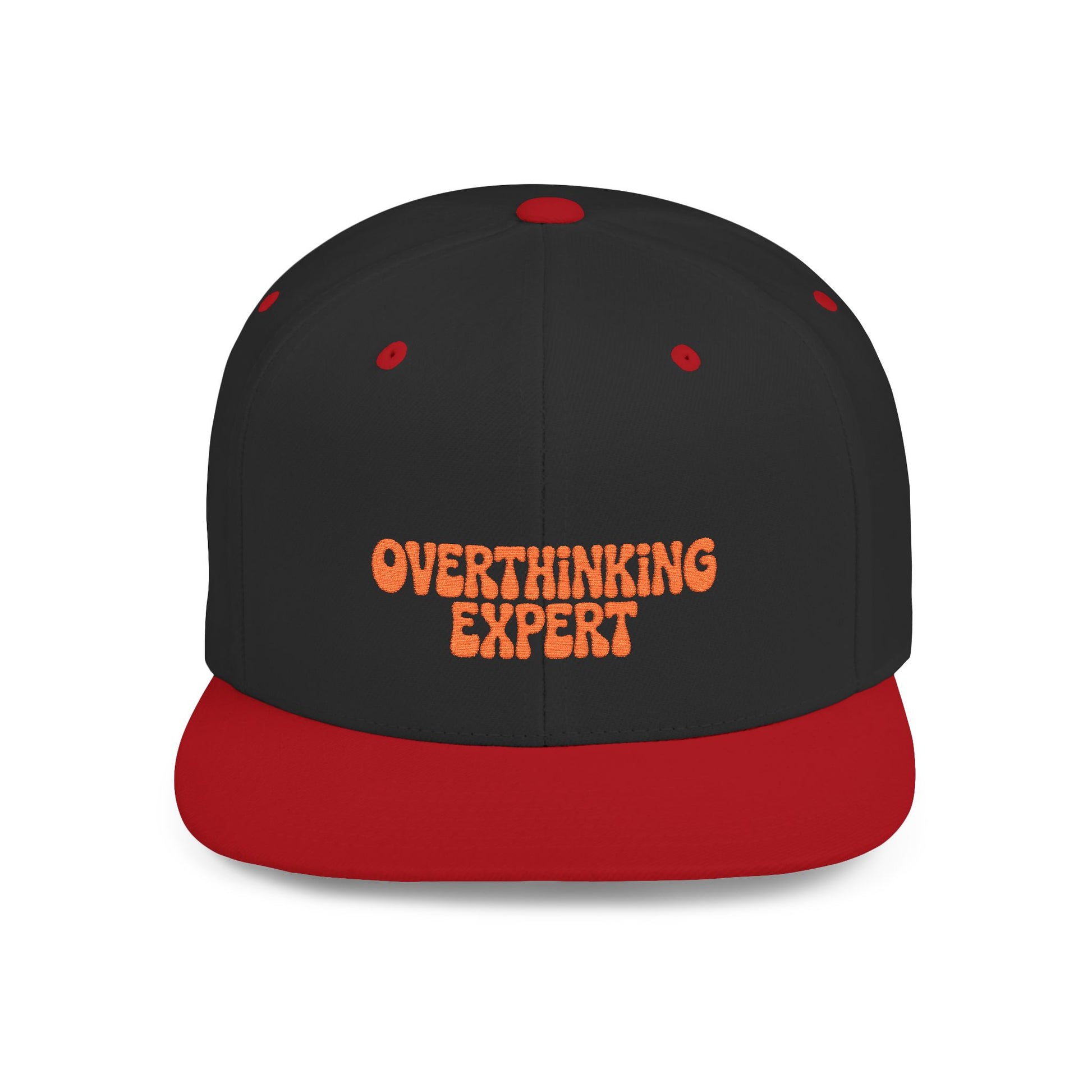 Black and red cap with 'Overthinking Expert' text on a white background