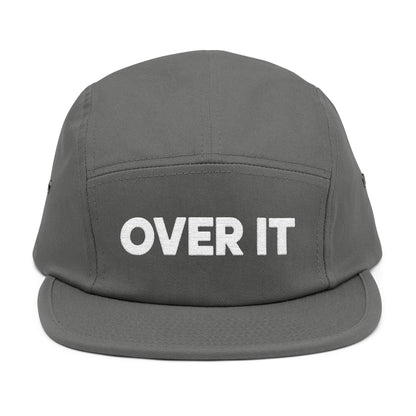 Gray cap with 'OVER IT' text on a white background. OVER IT embroidered text design displayed on clean white typography. TEEZOCA