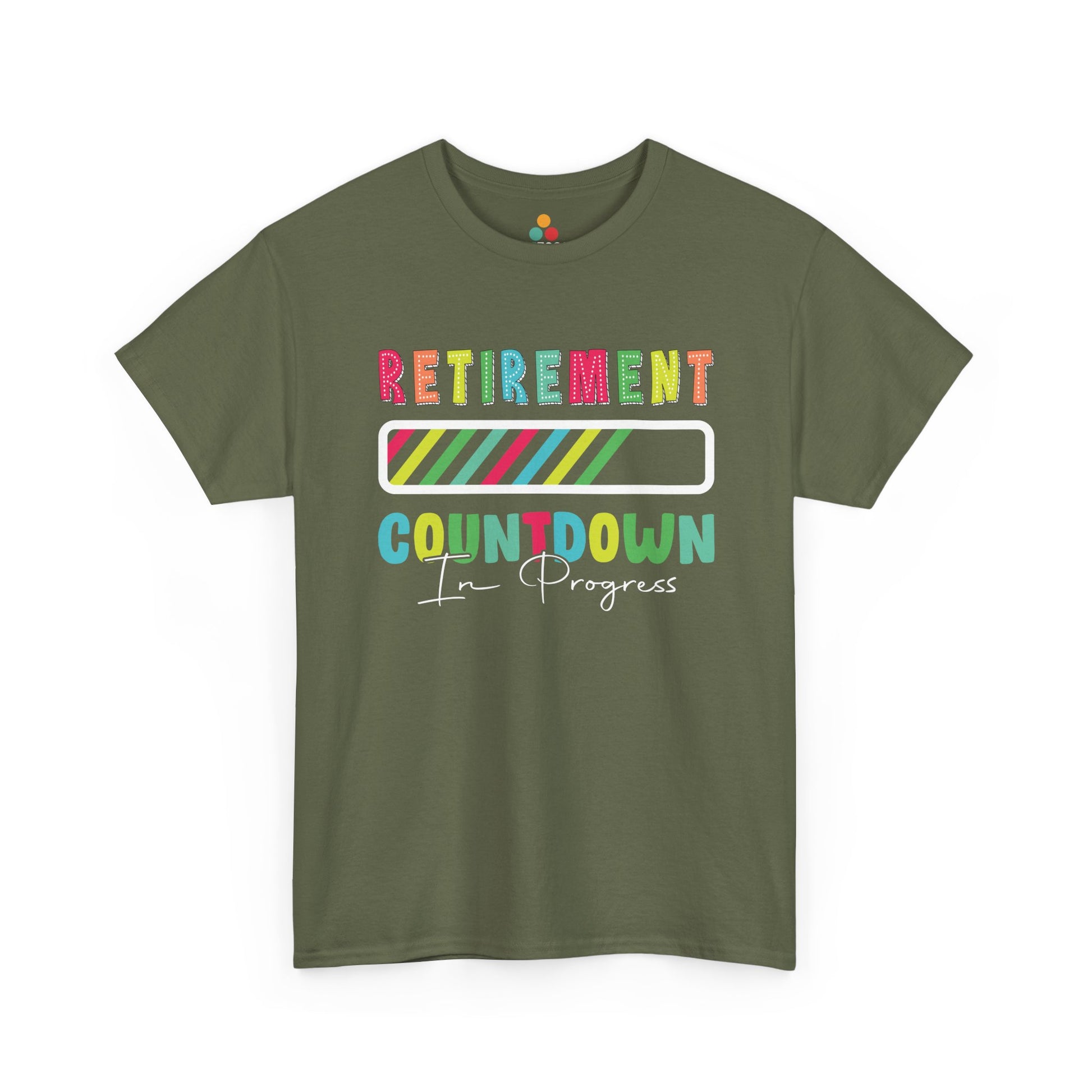 “Teezoca Retirement Countdown In Progress shirt, colorful countdown design, forest green tee, flat lay.”

