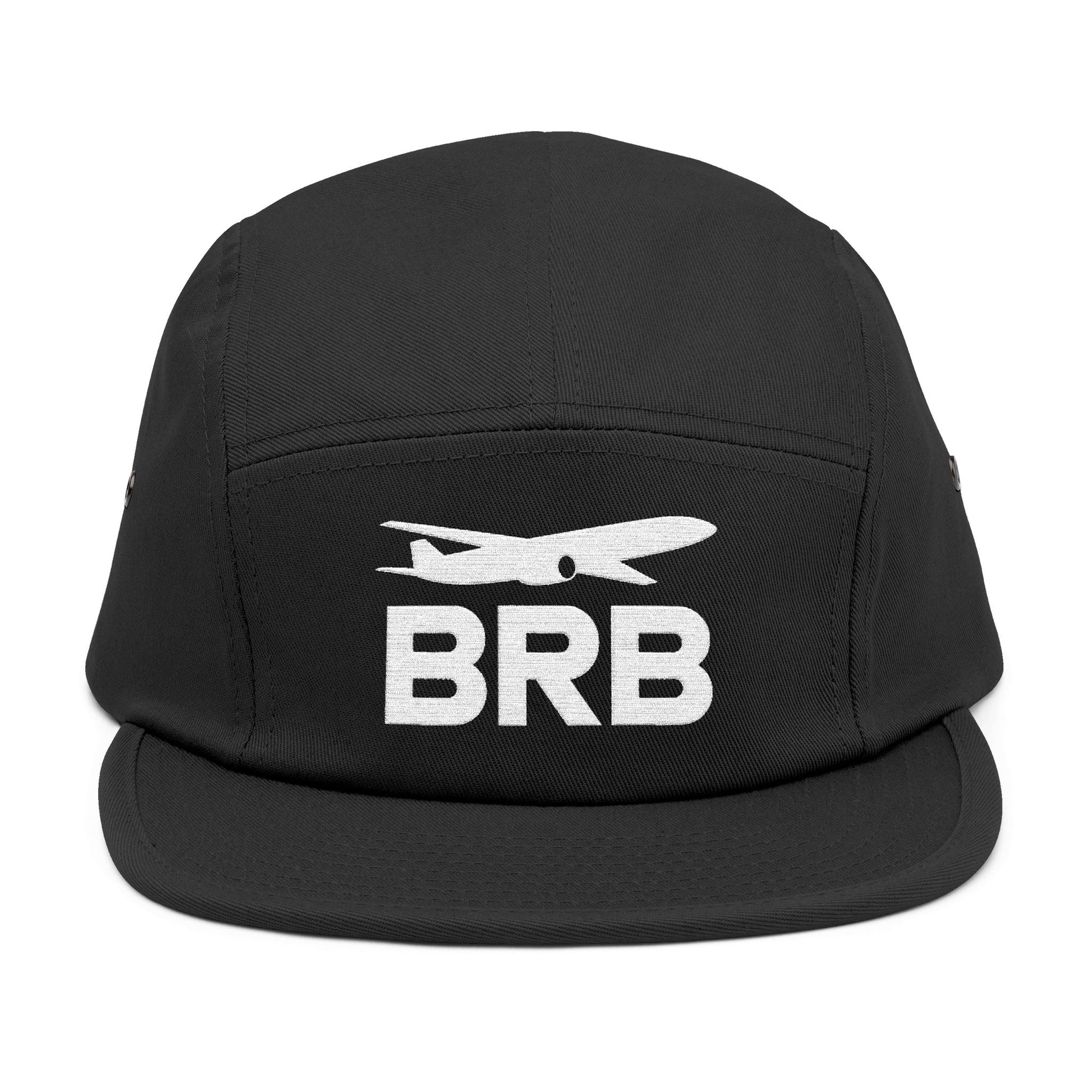 Black cap with 'BRB' and airplane design on a white background. Minimalist BRB airplane embroidered design for 5-panel cap by TEEZOCA
