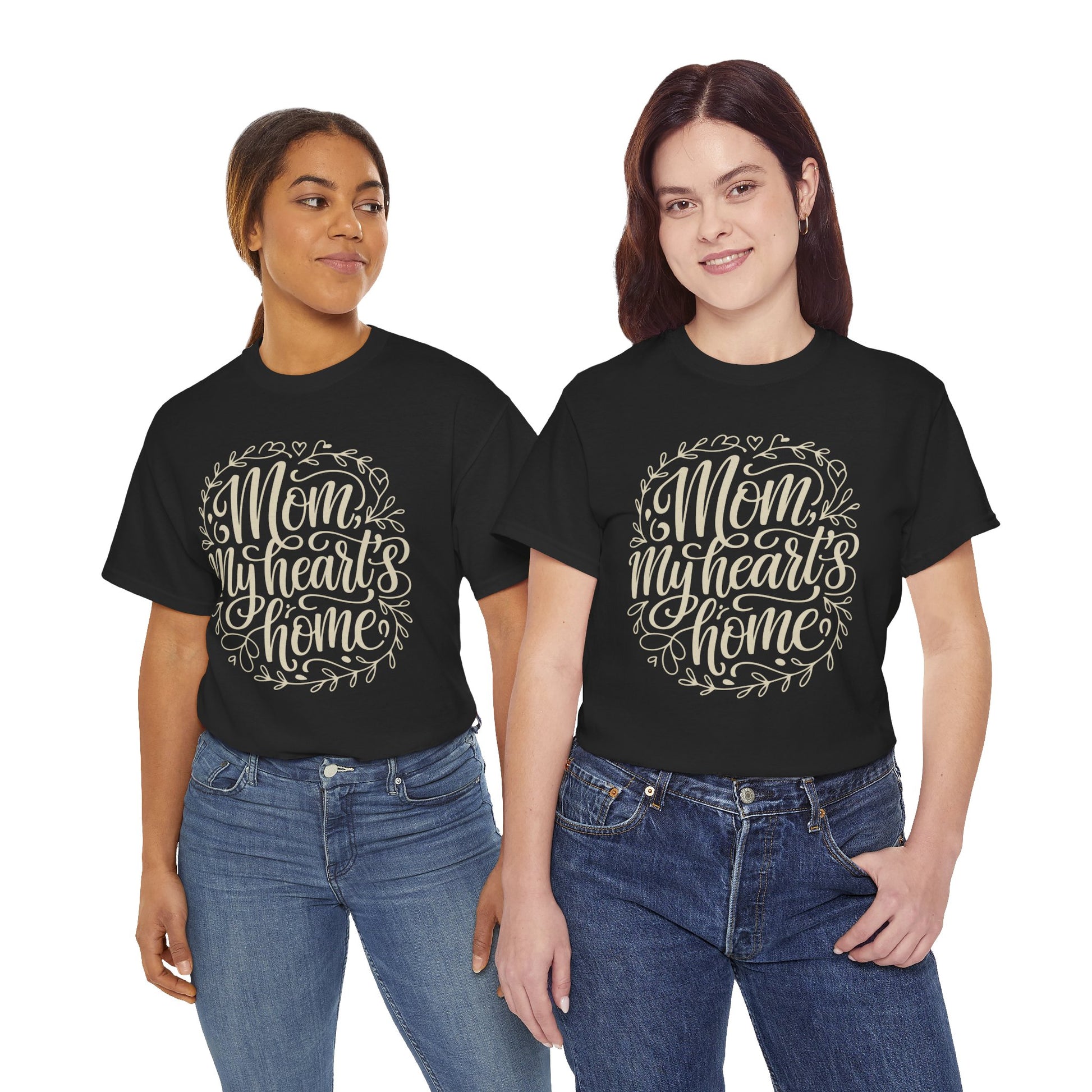 Woman wearing a black TEEZOCA "Mom My Heart's Home" heartfelt mom tee with jeans.