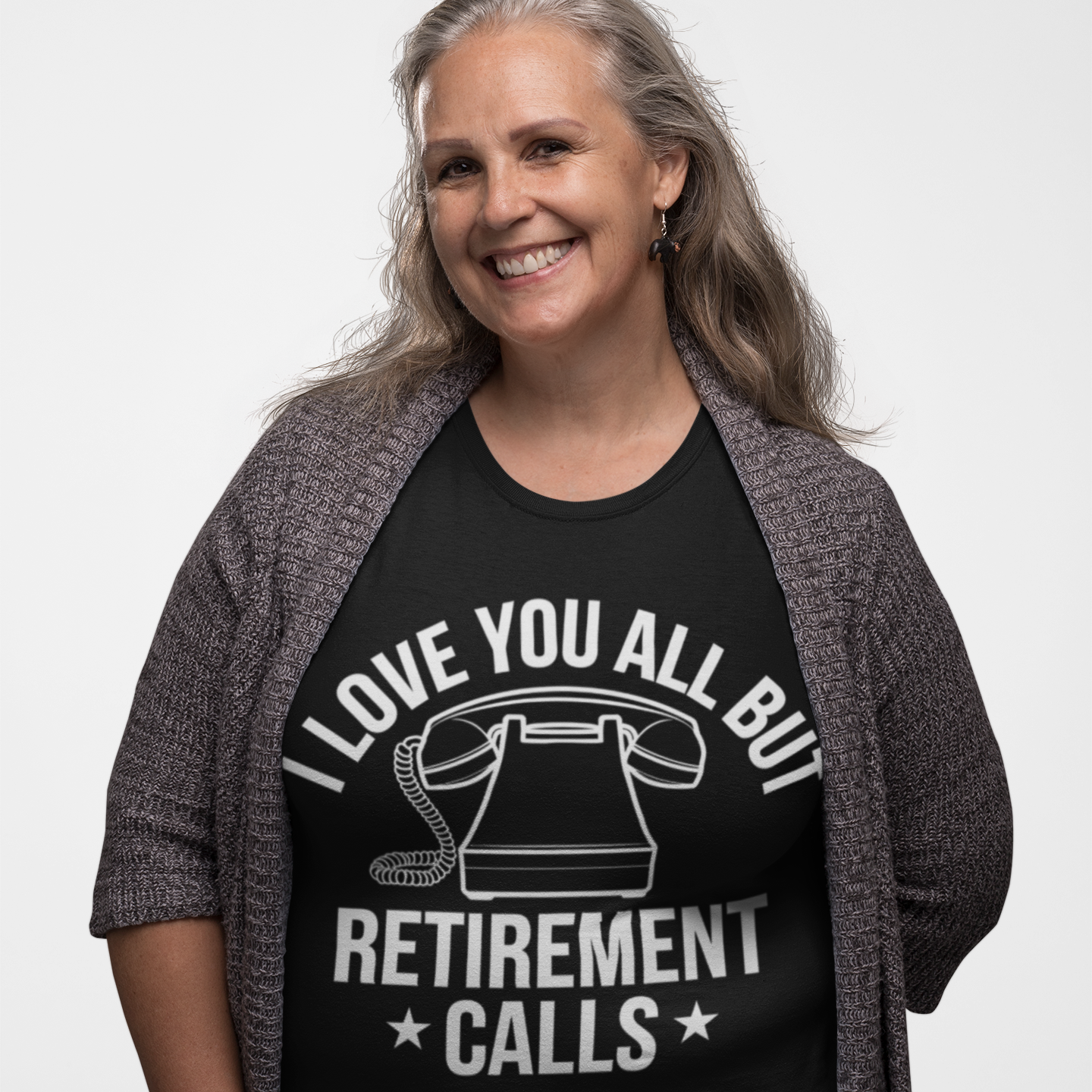 "old Woman Model wearing a black t-shirt with a humorous retirement phrase "I love all but retirement Calls"
