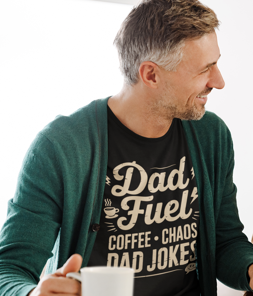 Smiling dad wearing a TEEZOCA “Dad Fuel Coffee Chaos Dad Jokes” graphic t-shirt while holding a coffee mug.