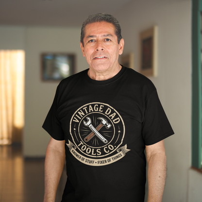 Man wearing a black TEEZOCA “Vintage Dad Tools Co. Knower Of Stuff Fixer Of Things” handyman dad T‑shirt indoors.