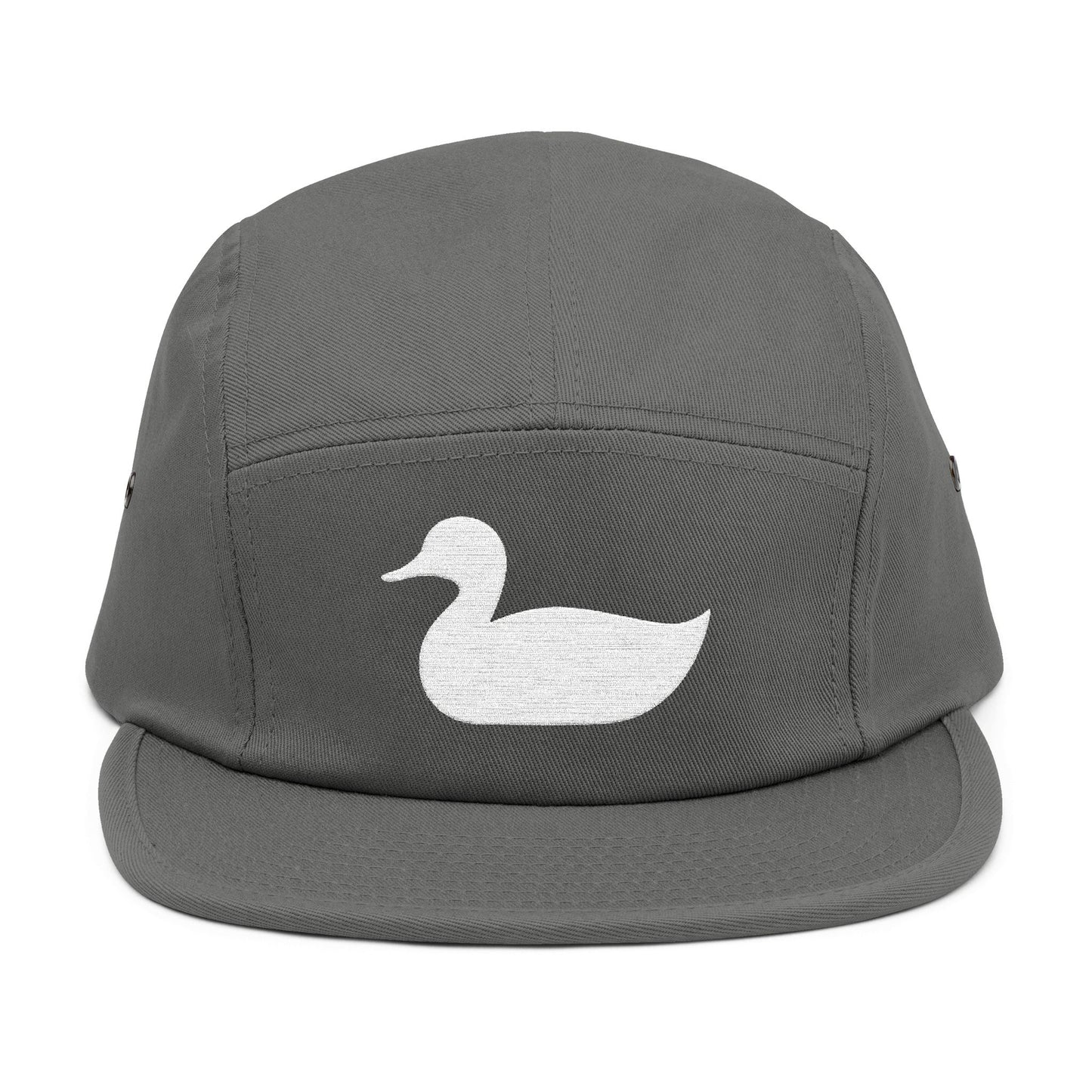Gray cap with a white duck logo on a white background. Minimal duck silhouette embroidered on 5-panel cap by TEEZOCA
