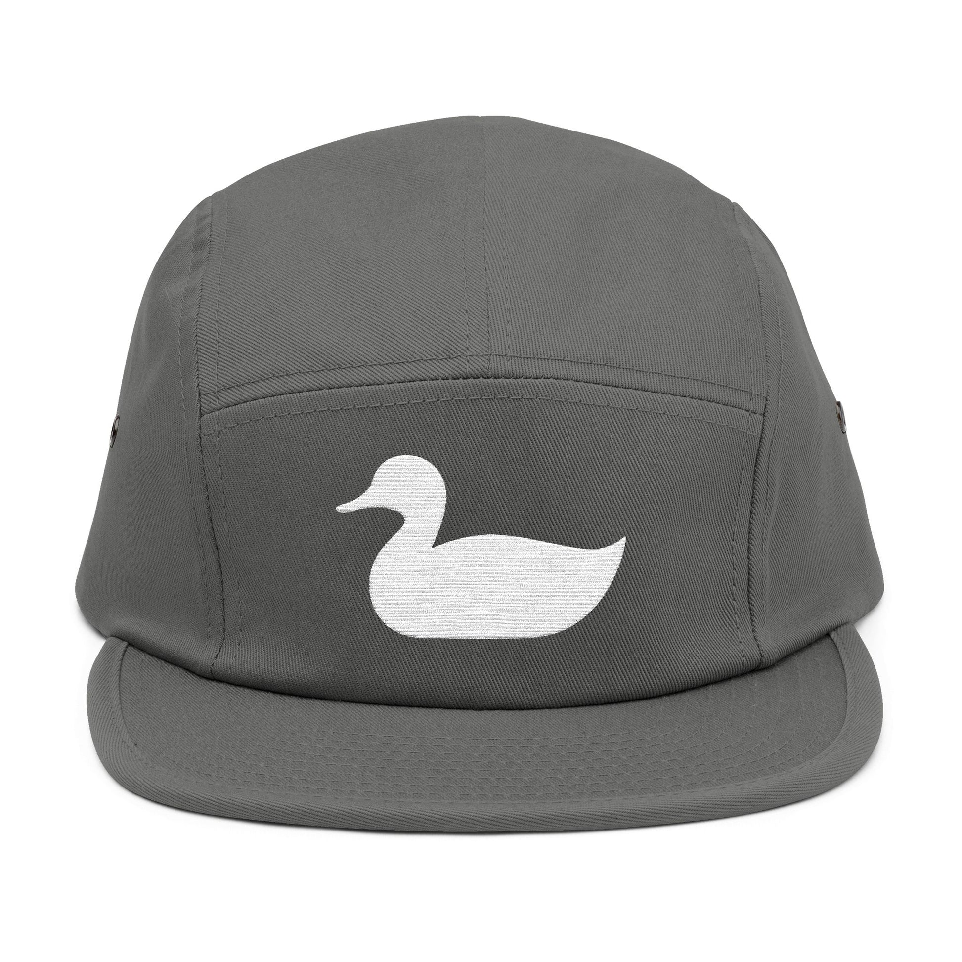 Gray cap with a white duck logo on a white background. Minimal duck silhouette embroidered on 5-panel cap by TEEZOCA