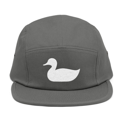 Gray cap with a white duck logo on a white background. Minimal duck silhouette embroidered on 5-panel cap by TEEZOCA
