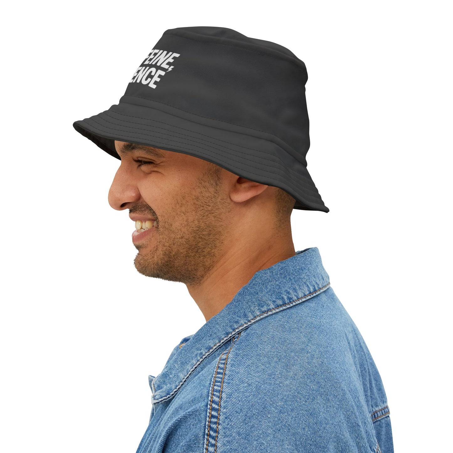 Man wearing a black bucket hat with text on a white background, Funny HIGH CAFFEINE, LOW PATIENCE. TEEZOCA