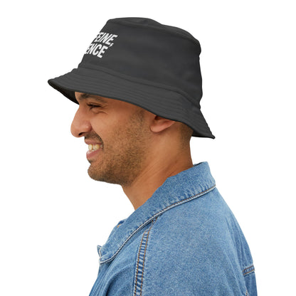 Man wearing a black bucket hat with text on a white background, Funny HIGH CAFFEINE, LOW PATIENCE. TEEZOCA