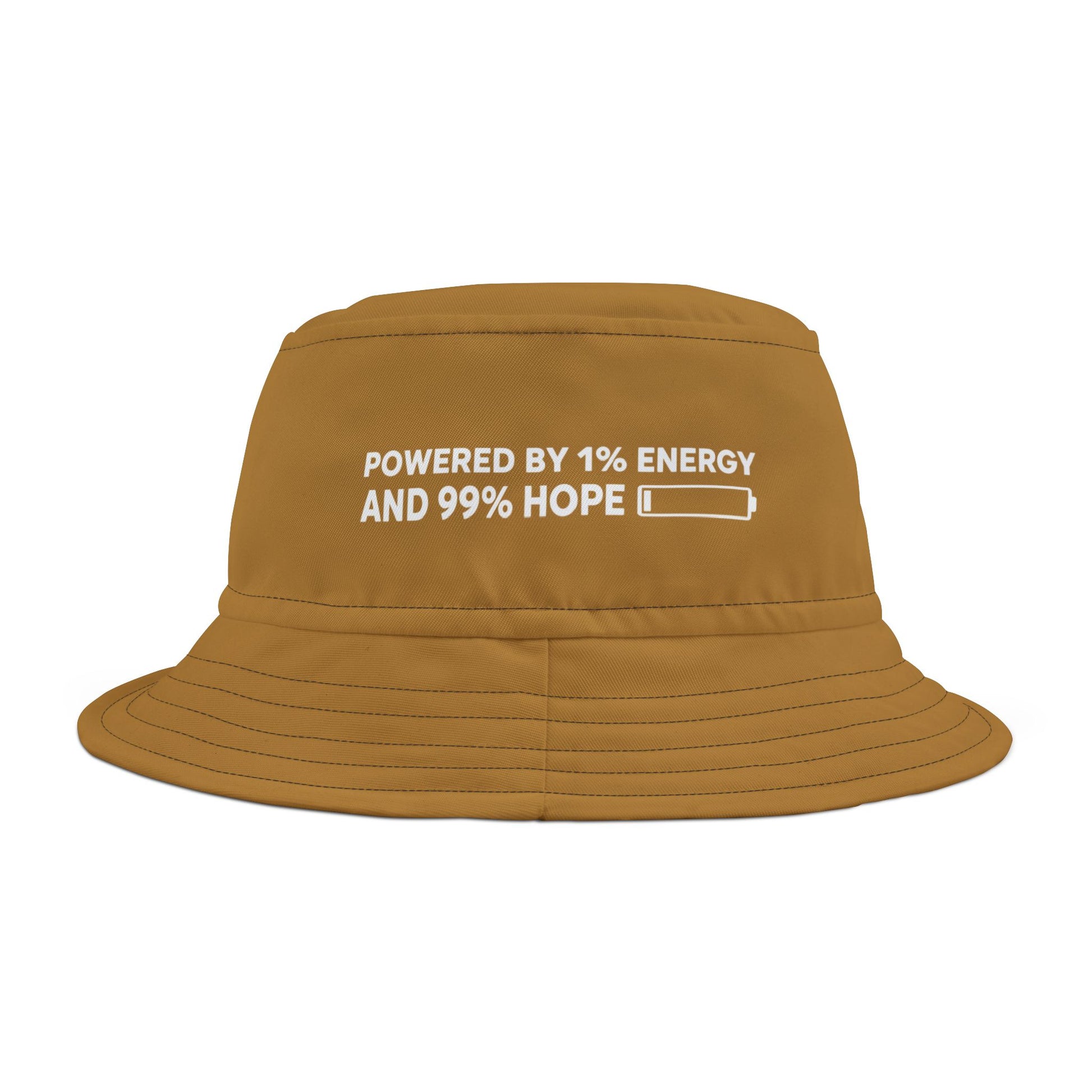 Brown bucket hat with funny motivational text 'Powered By 1% Energy And 99% Hope' on a white background. TEEZOCA